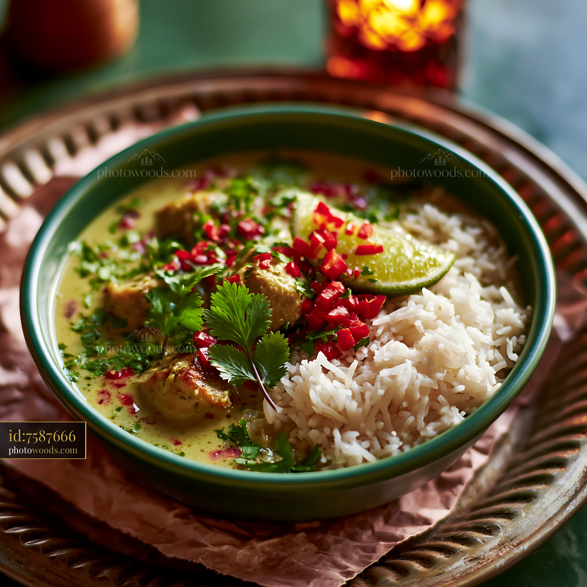 Thai Green Curry With Jasmine Rice on a Decorative Plate