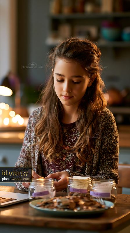 Girl Counting Coins Into Labeled Jars at Home in Evening Light