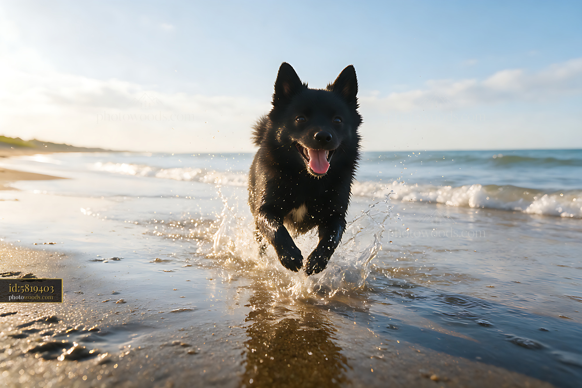 Black dog running through shallow beach water