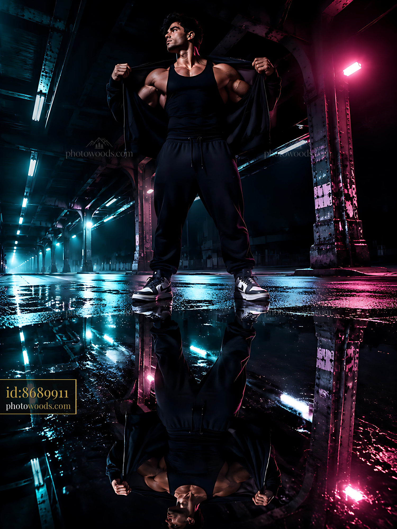 Man Showing Muscles in Urban Setting With Reflections on Wet Ground