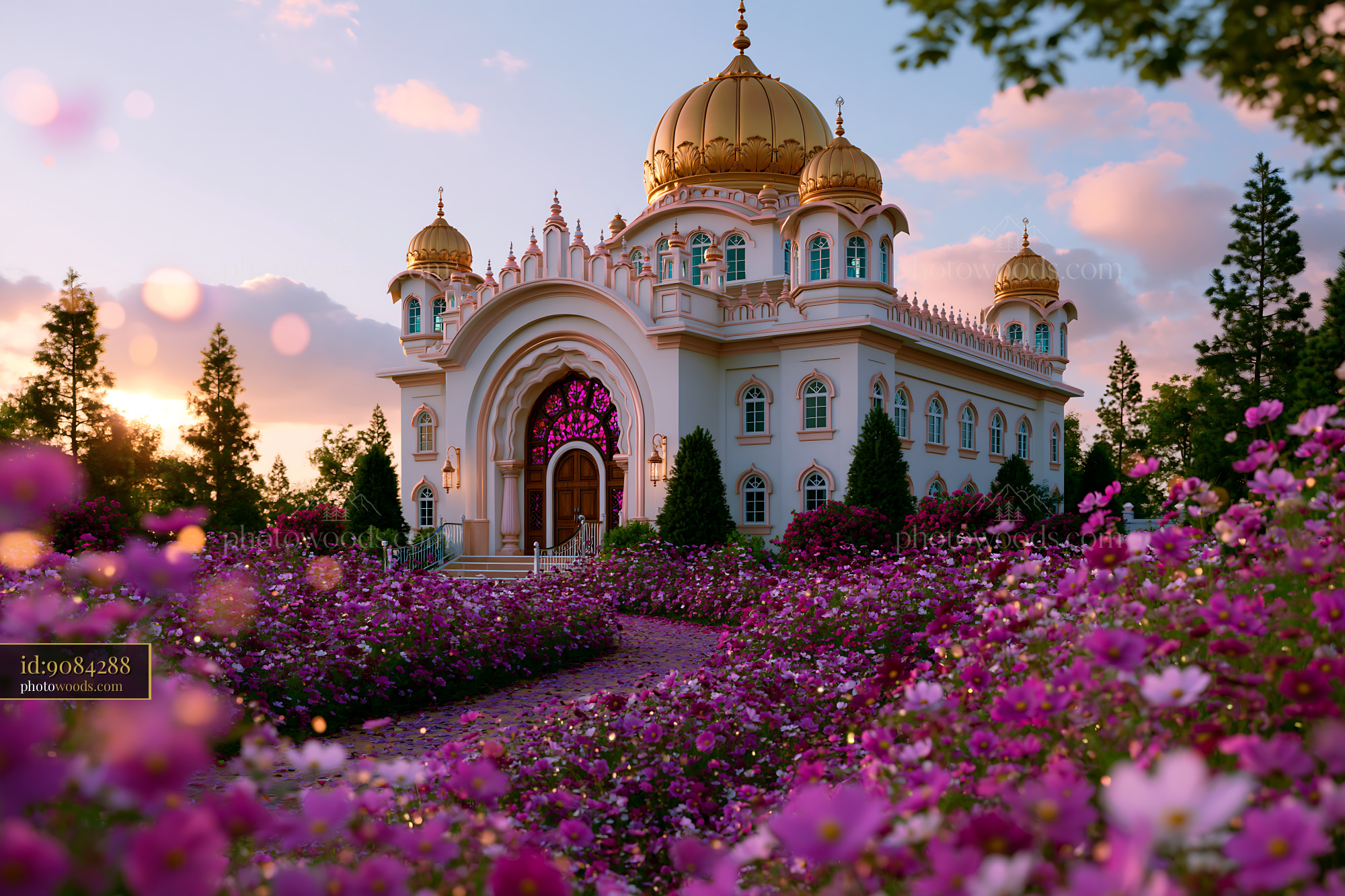 Gurdwara Surrounded by Flowers at Sunset in a Serene Setting