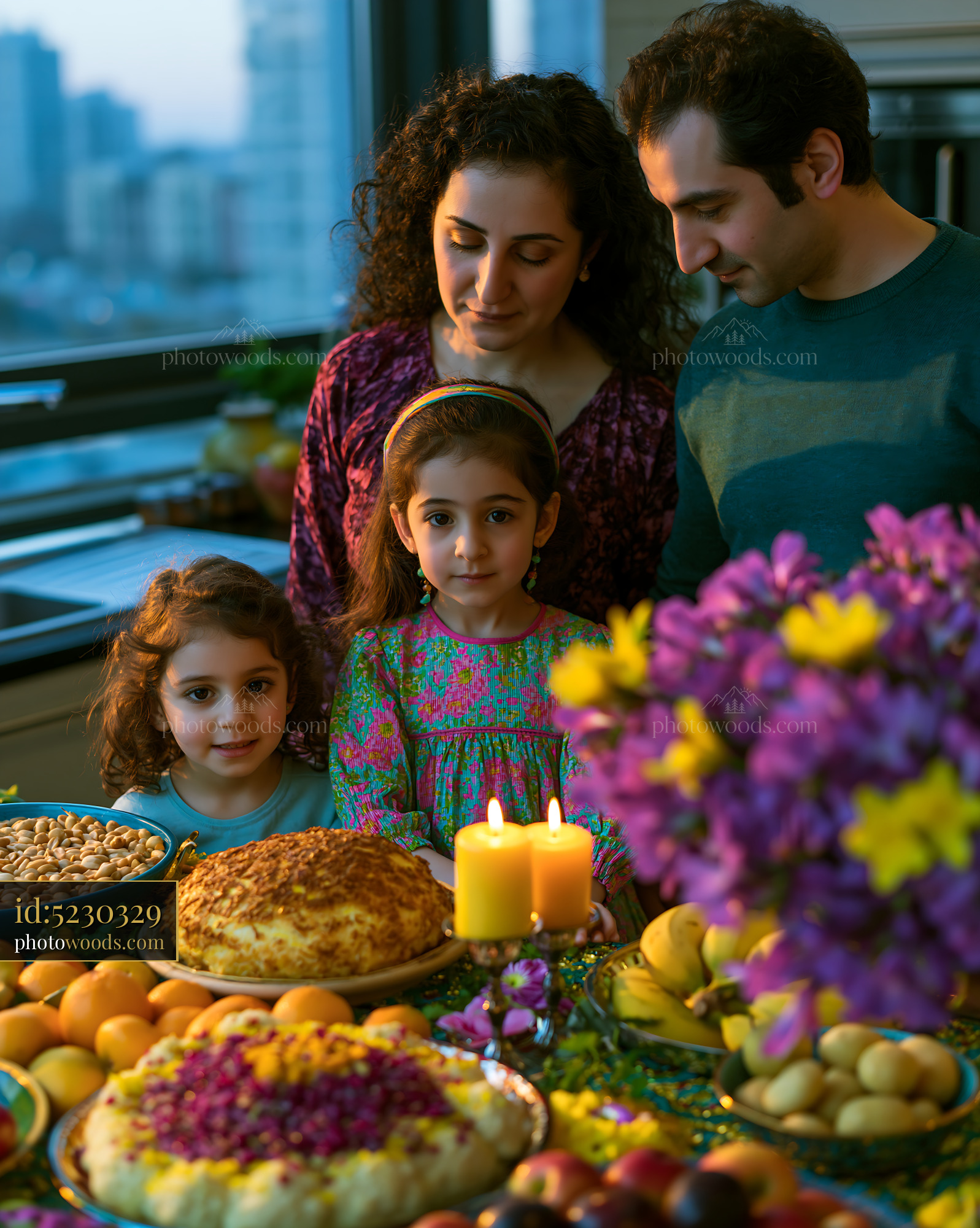 Family Celebrating Nowruz at a Decorated Table With Traditional Foods