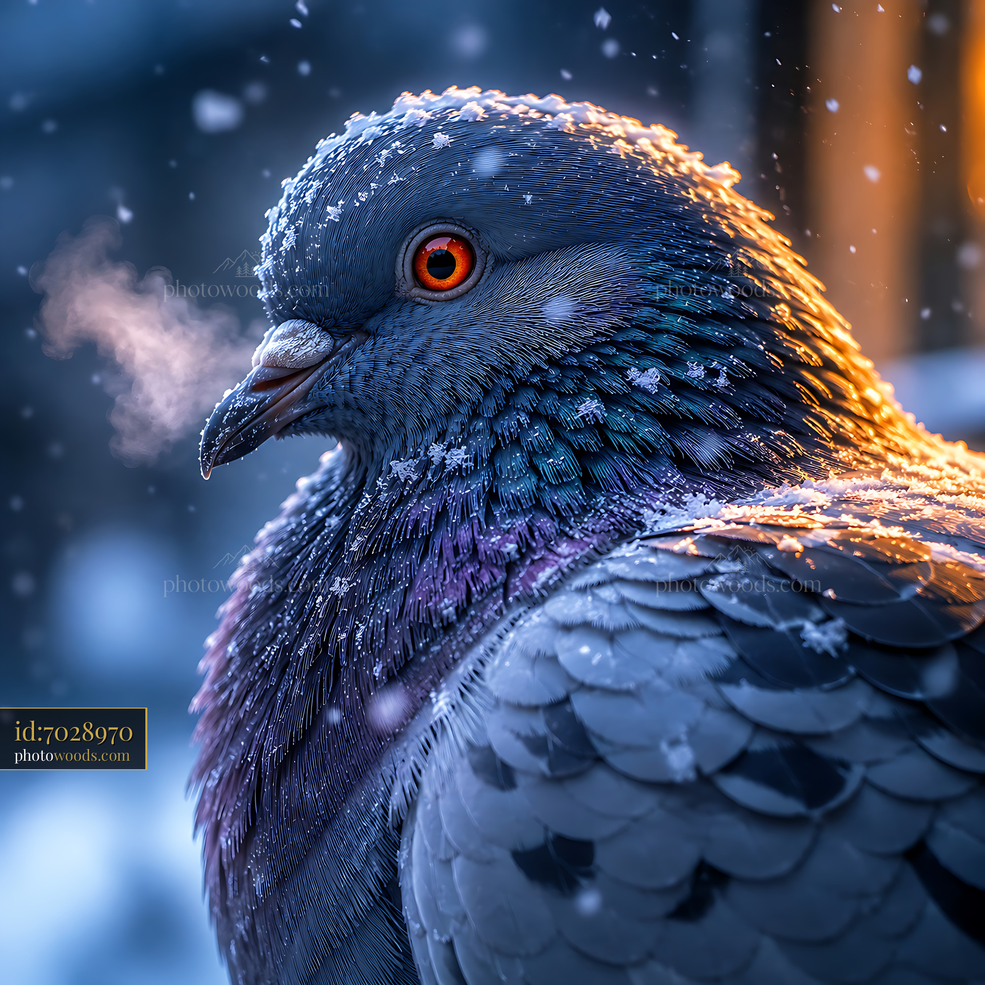 Pigeon With Frost on Feathers Breathes out Steam in Cold Weather