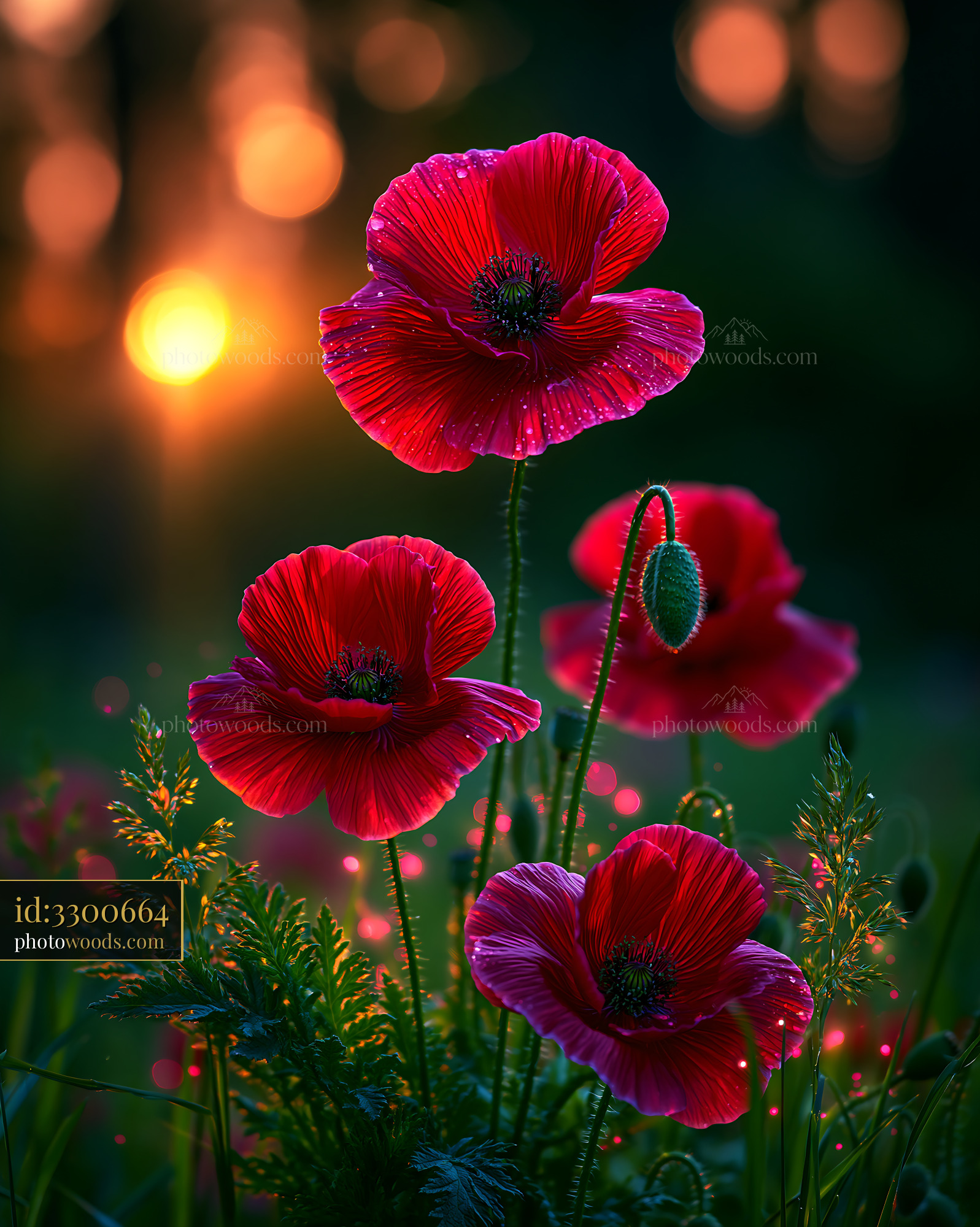 Poppy Flowers Bloom in Field During Sunset With Glowing Background
