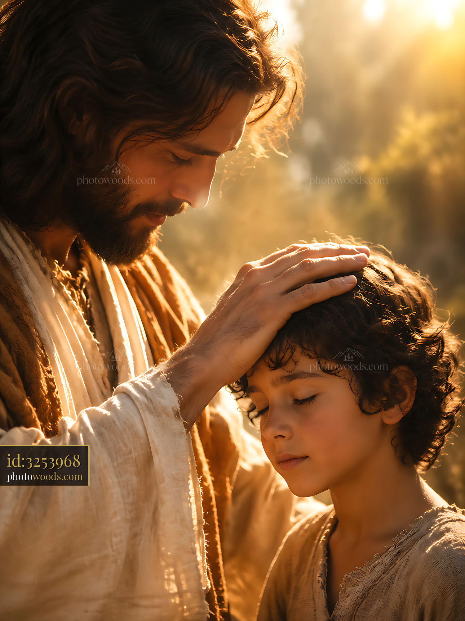 Man With Long Hair Touches Head of Child With Closed Eyes