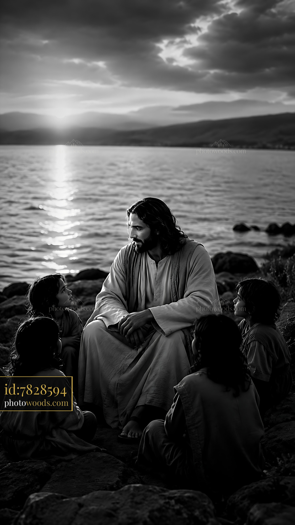 Jesus Teaches Children by the Water at Sunset