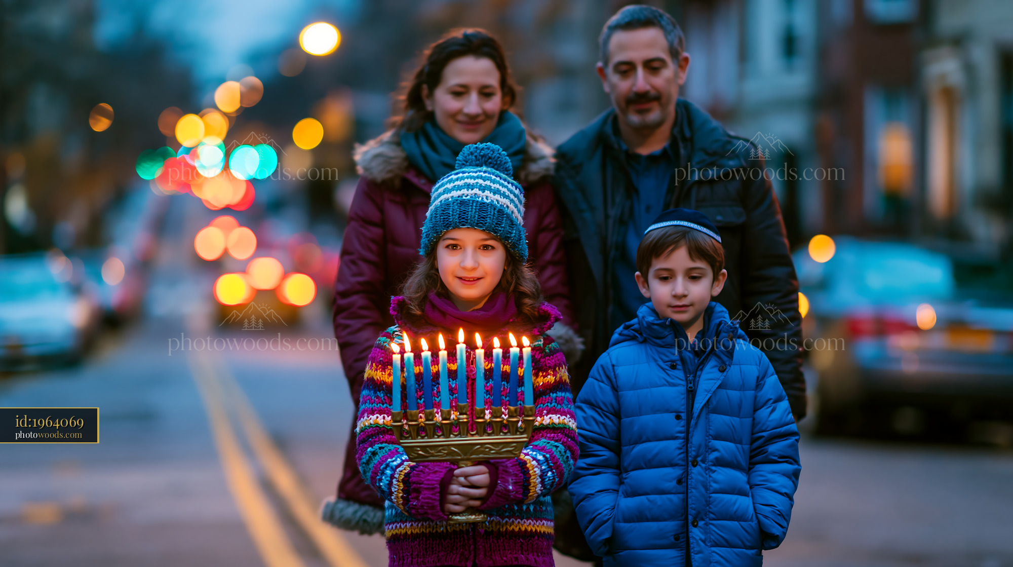 Family Lighting Menorah for Hanukkah in City Street at Dusk