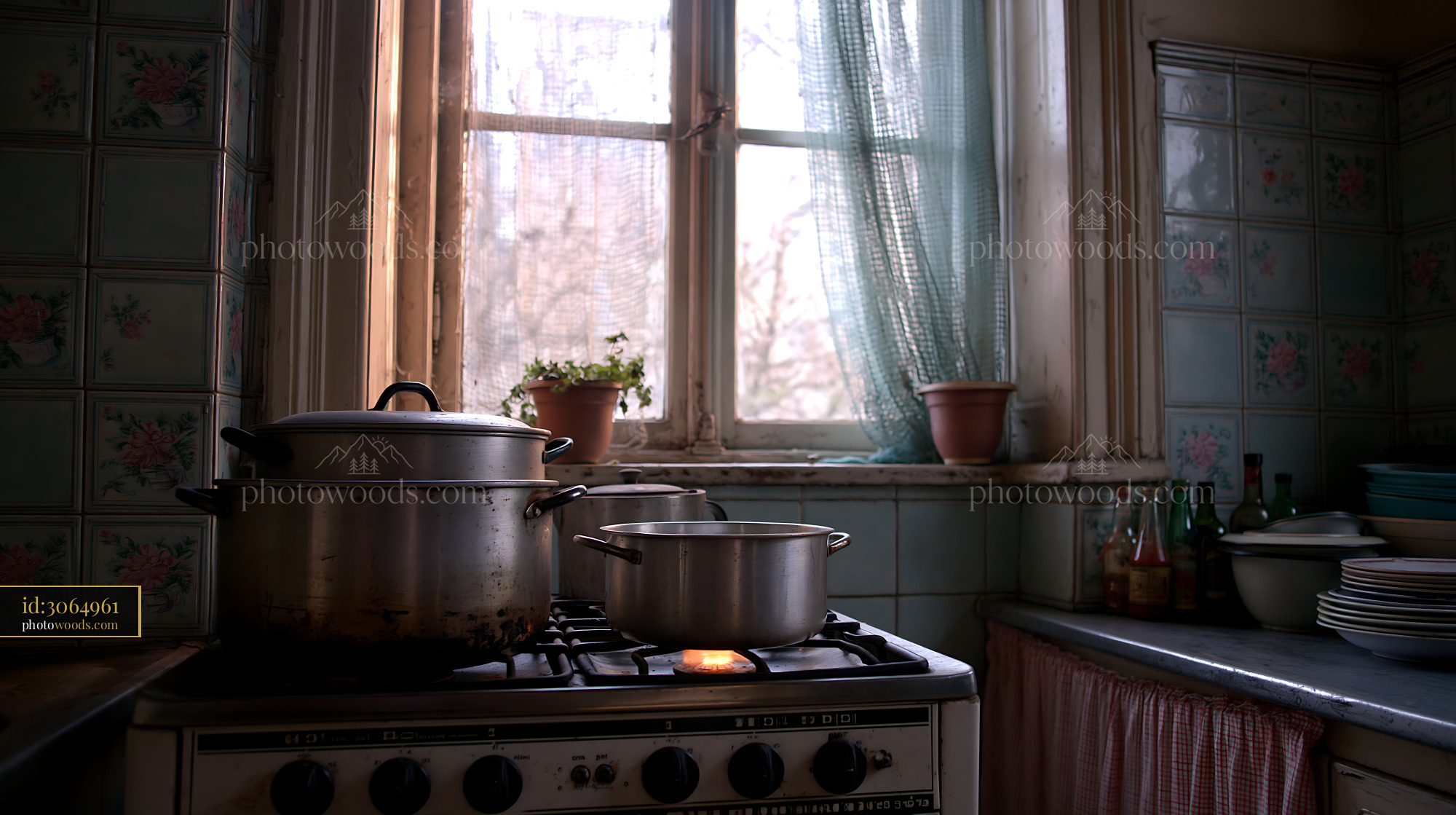 Neglected Kitchen With Greasy Tiled Walls and Pots on Stove
