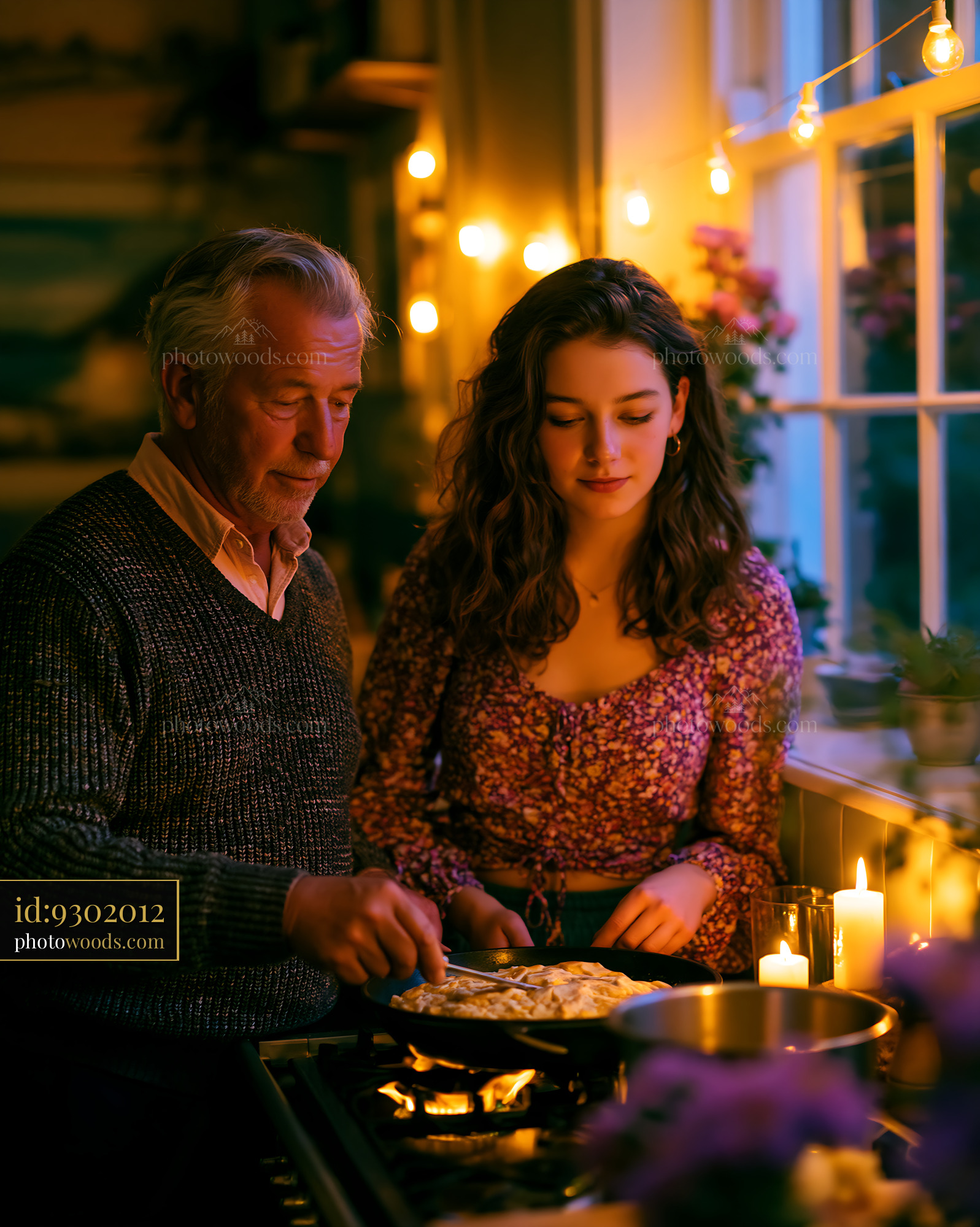 Grandfather and Teenage Granddaughter Cooking Together in Cozy Kitchen