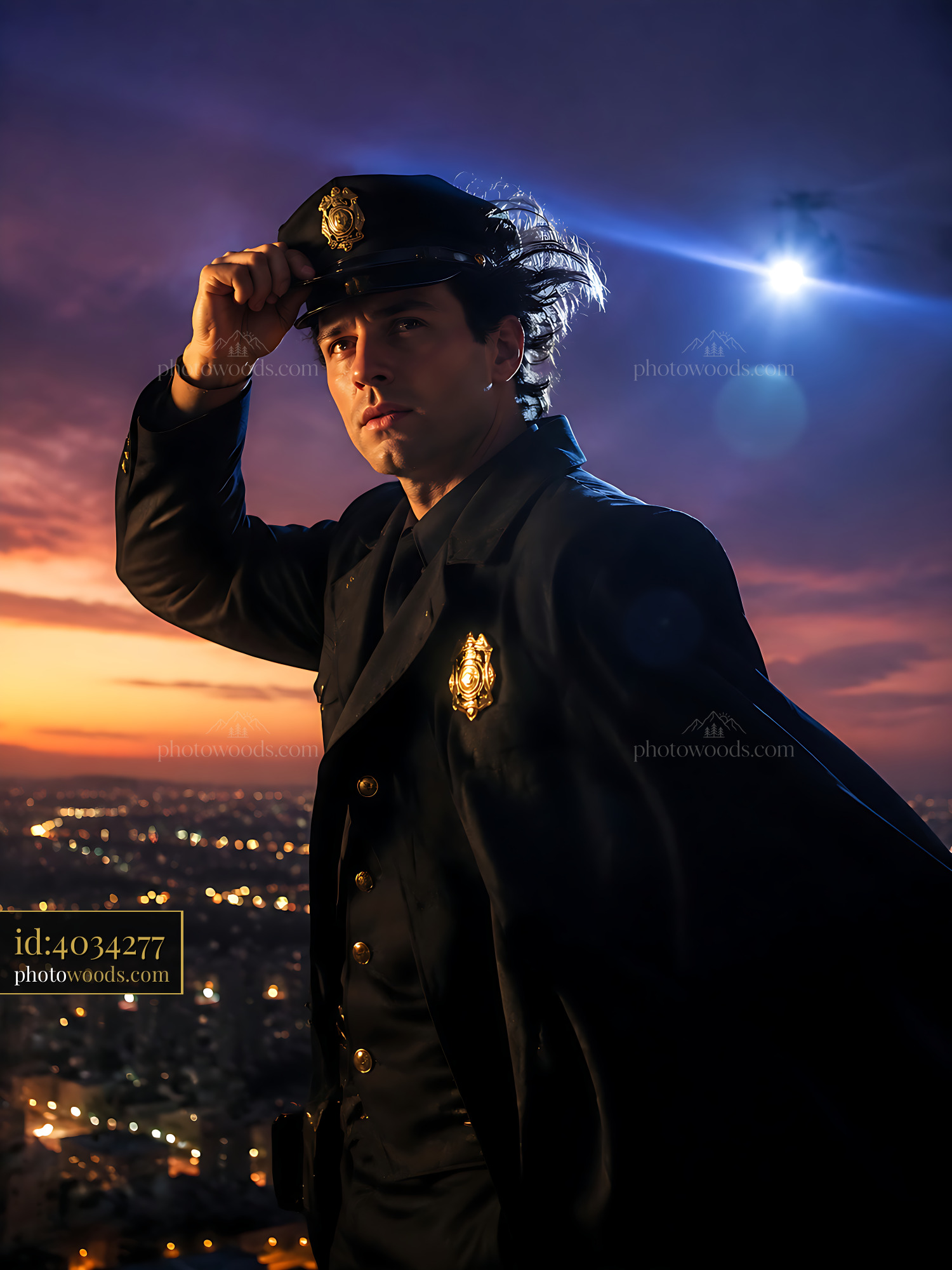 Officer Stands in City at Sunset With Flashlight in Hand
