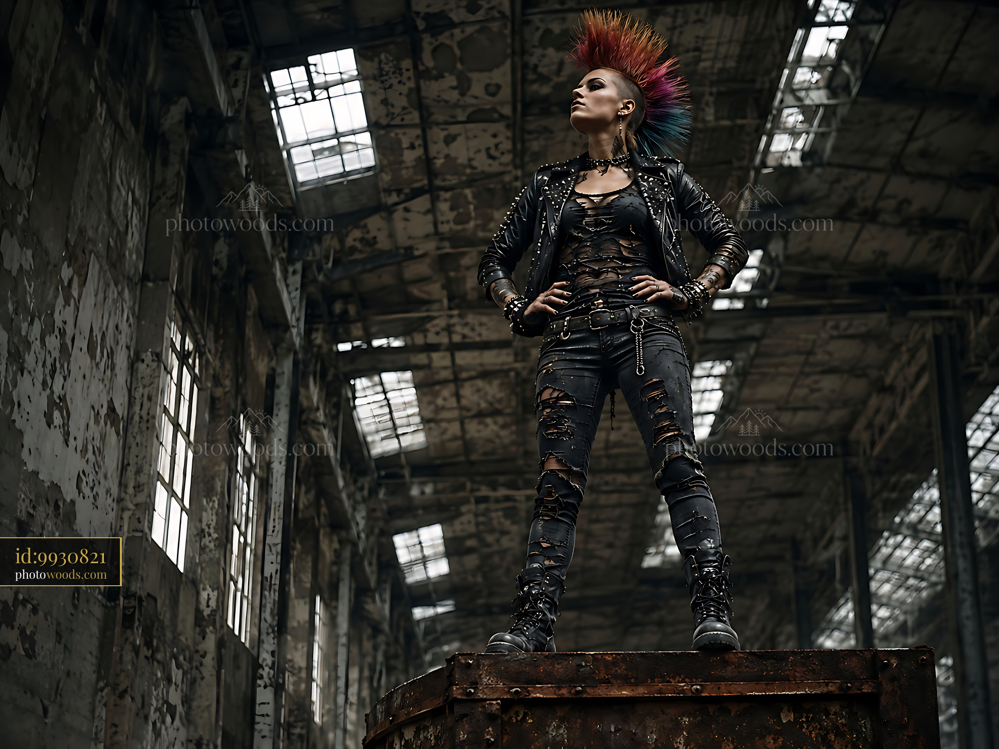 Punk Woman Stands Confidently in an Abandoned Industrial Building