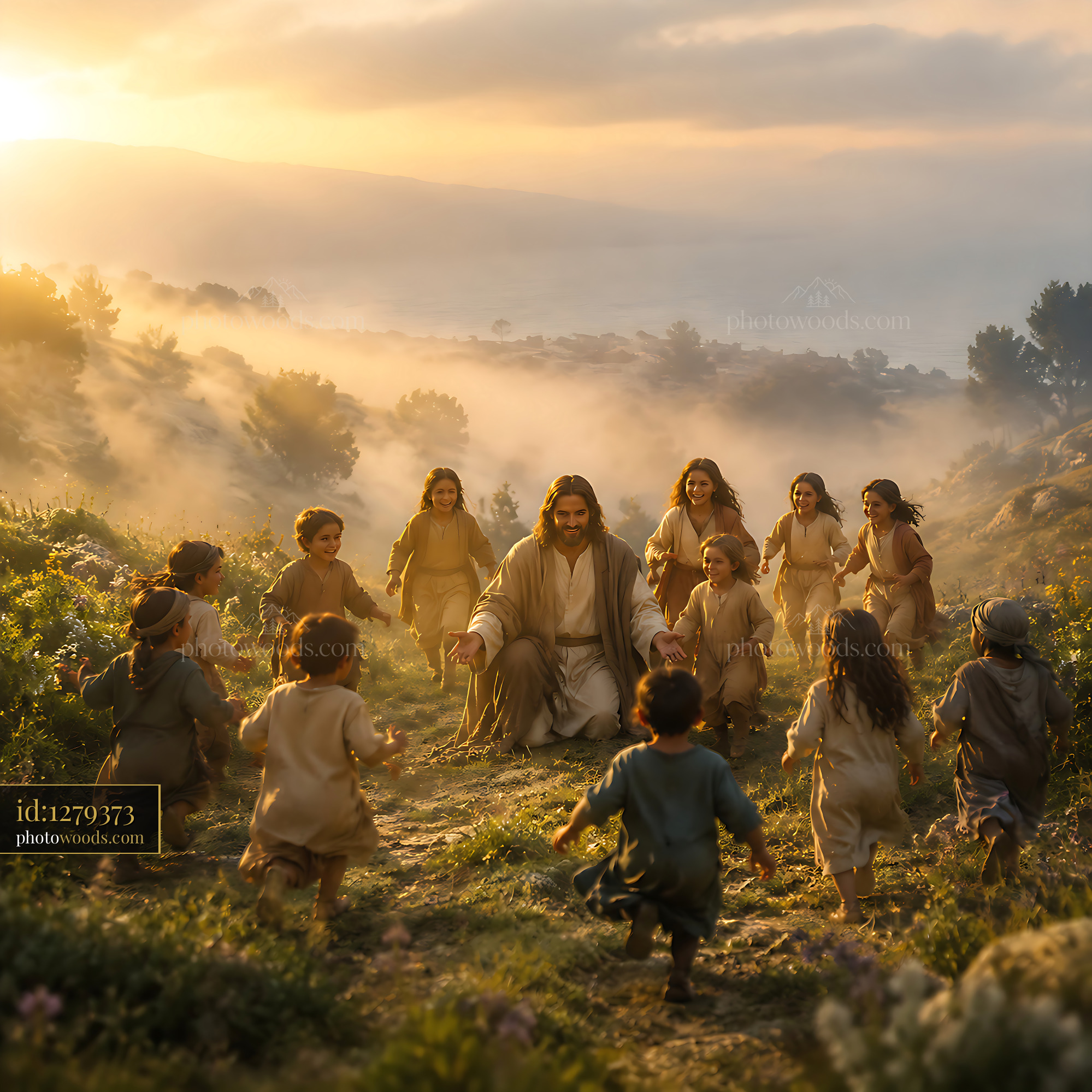 Jesus Among Children in a Field During Sunset