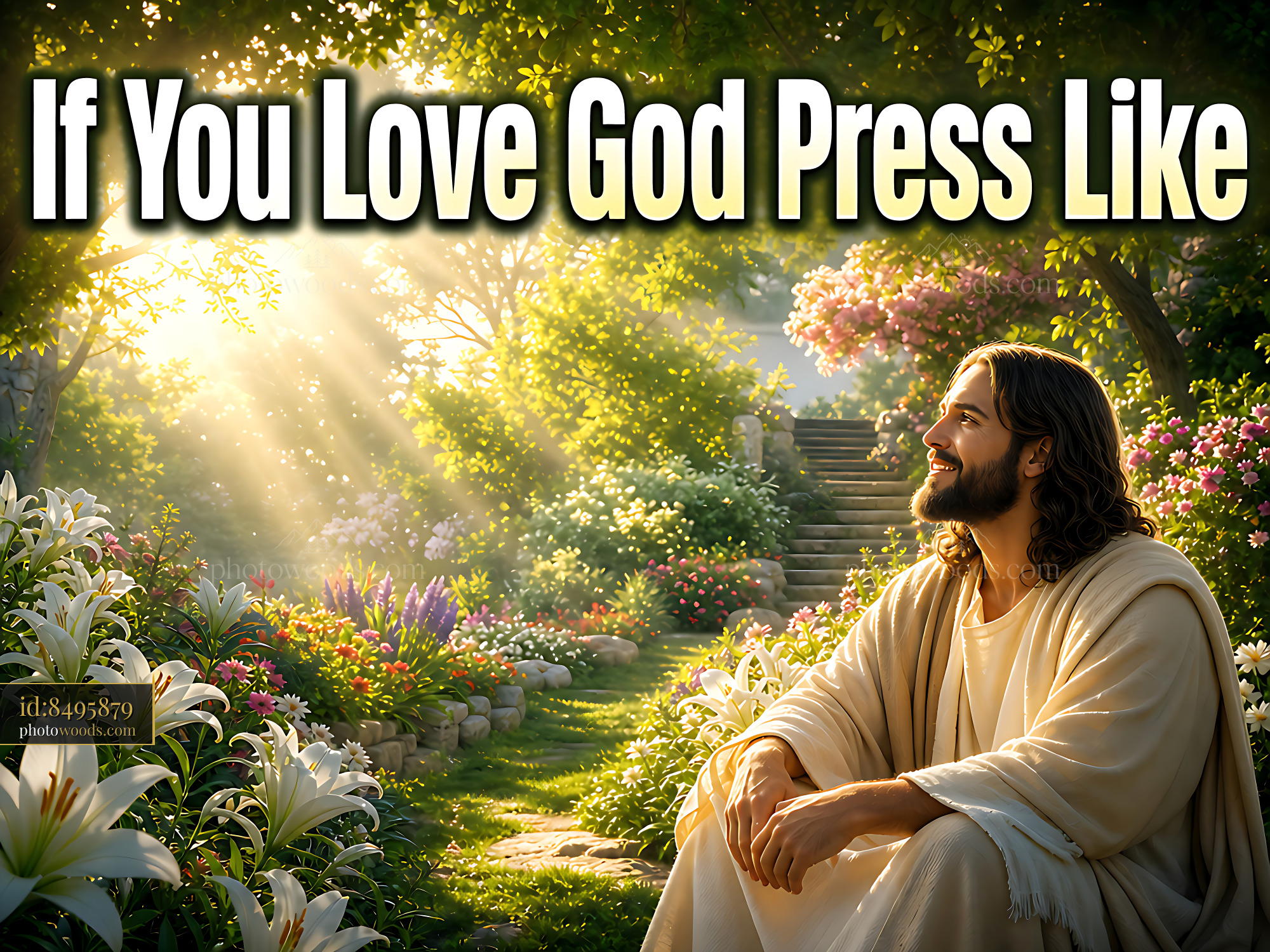 Jesus Sits in a Garden Surrounded by Flowers and Light