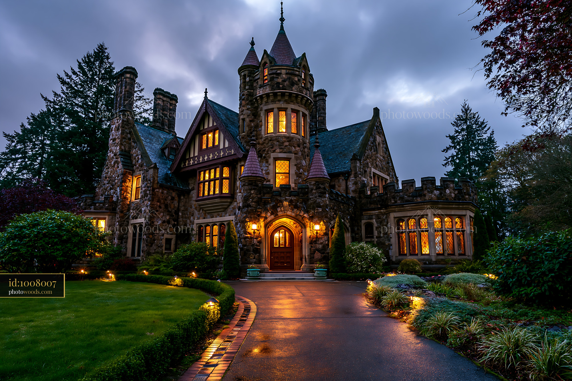 Historic Stone Mansion Illuminated at Dusk