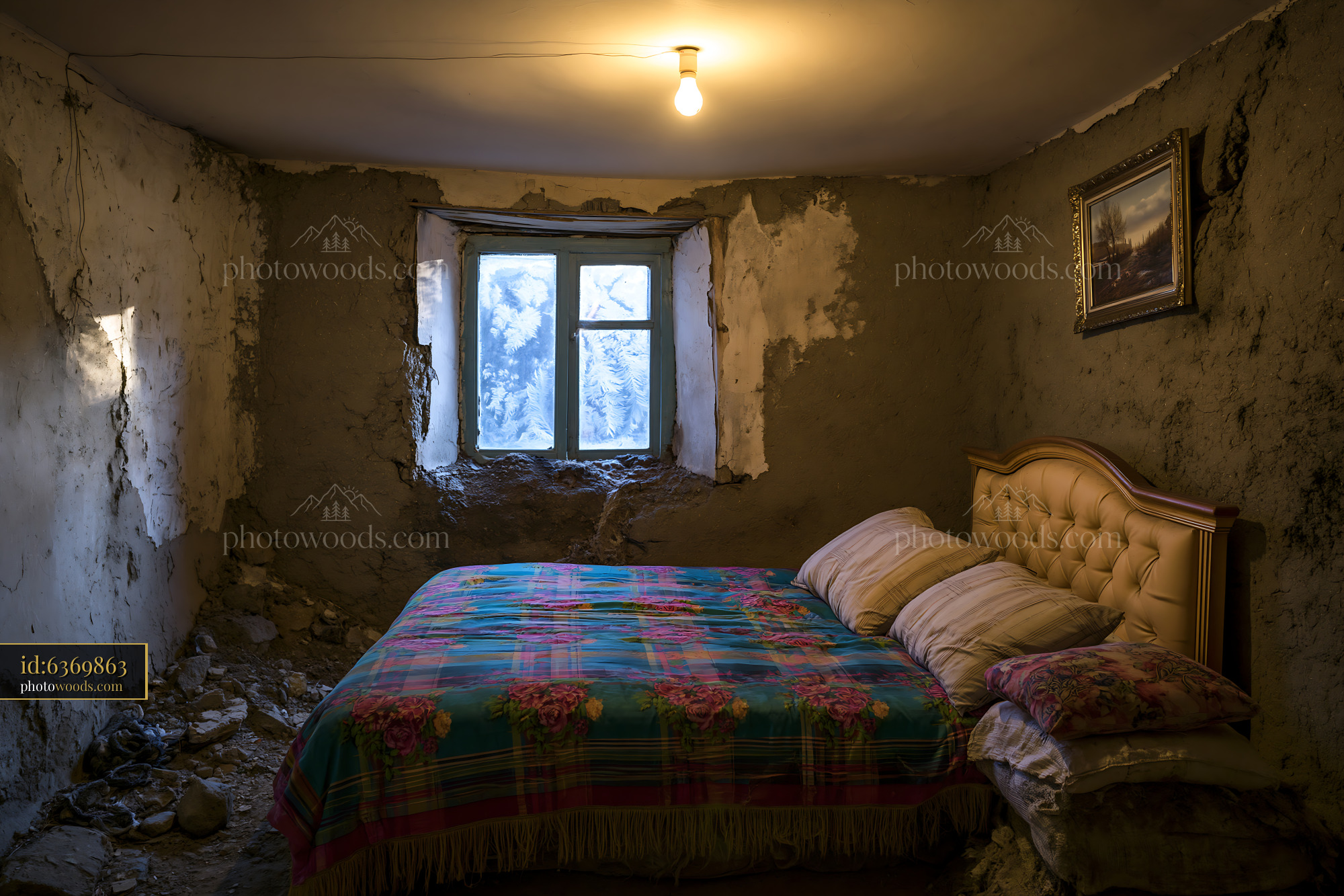 Crumbling Adobe Village House Interior With Bed and Window