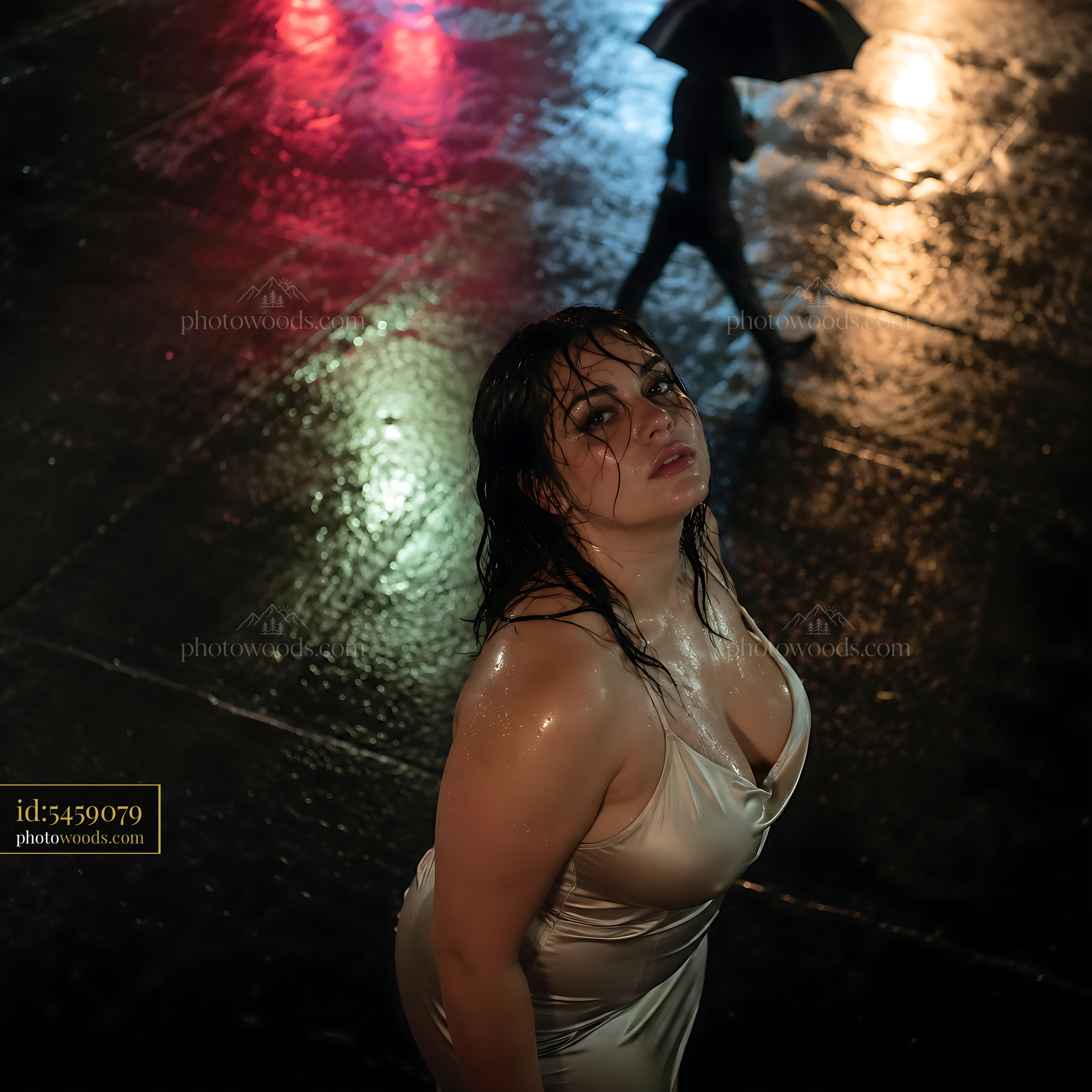Woman in Wet Dress Stands in Street During Night Rain