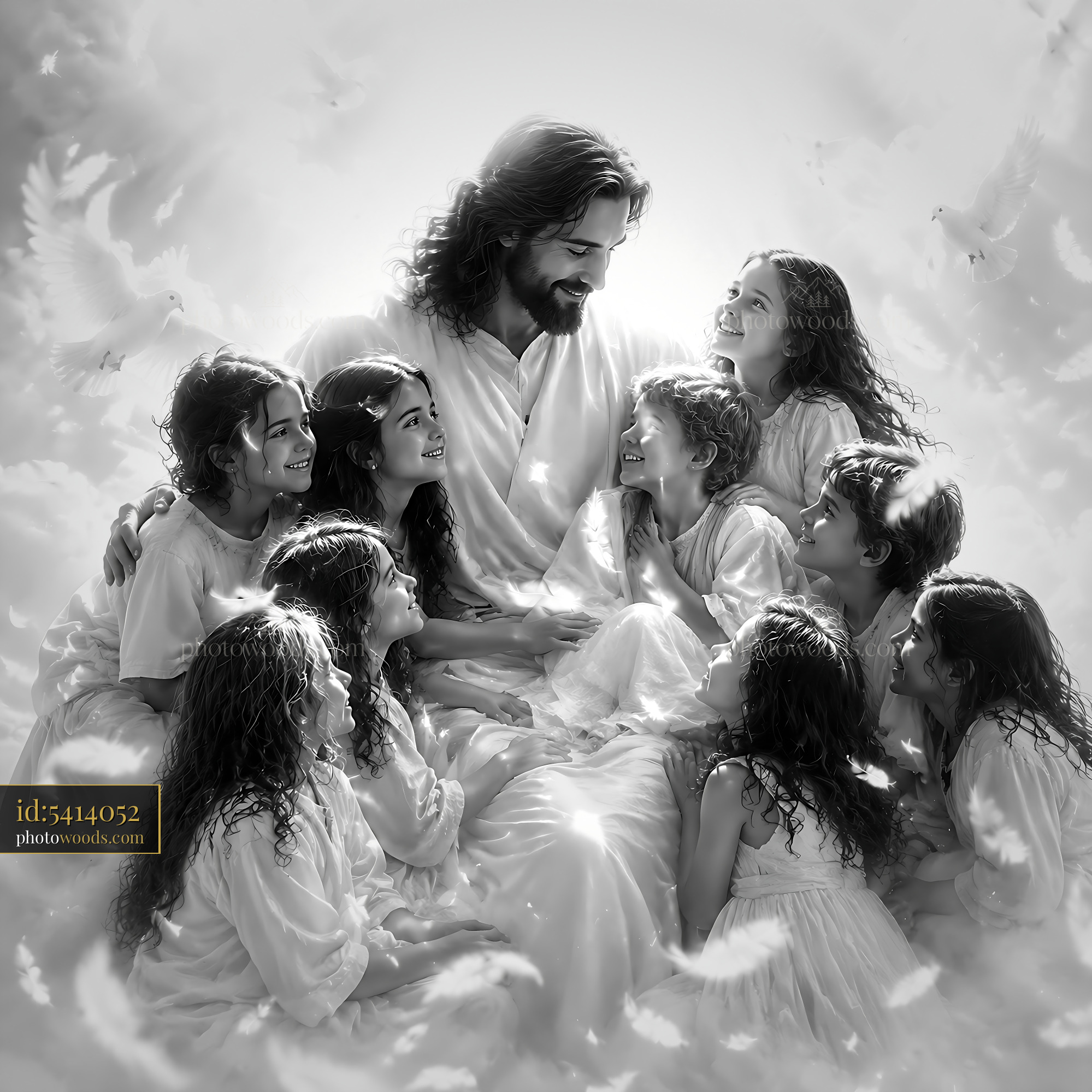 Jesus Surrounded by Children Smiling in Soft Light and Feathers