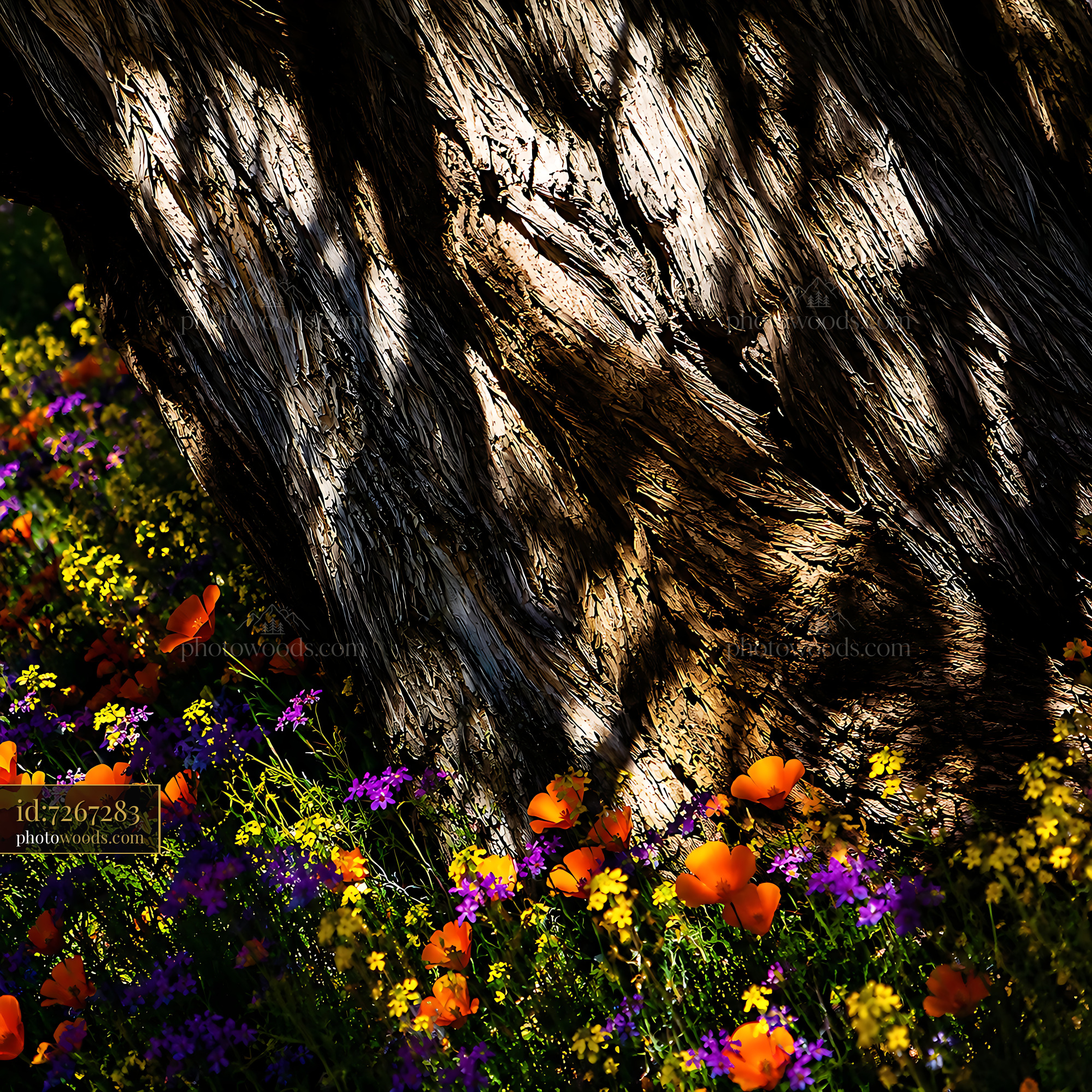 Close-up View of Flowers Blooming Near an Old Tree Trunk