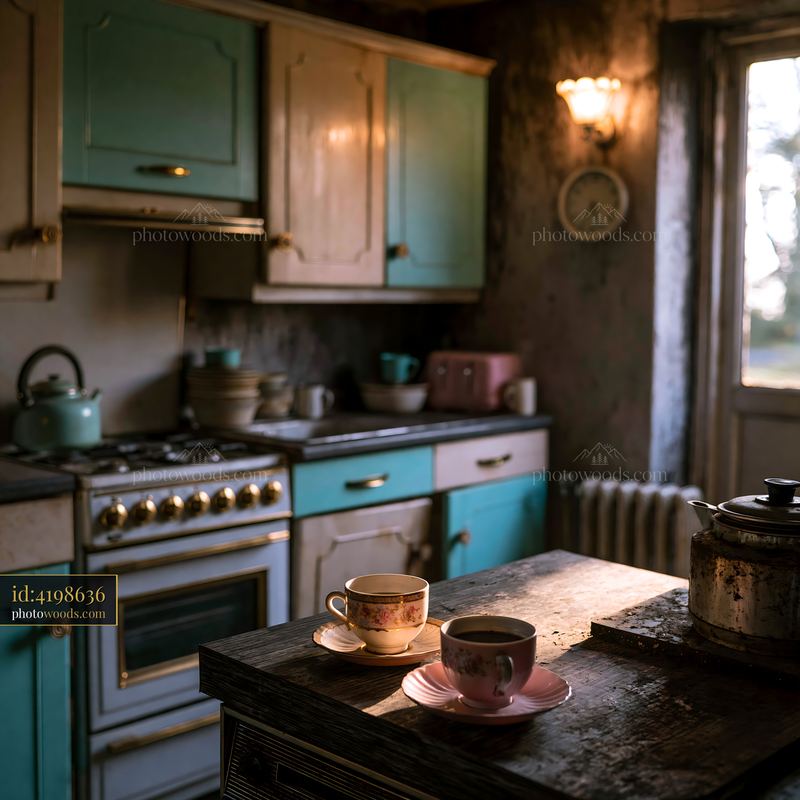Shabby Kitchen With Mismatched Cupboard Doors and Vintage Tea Set