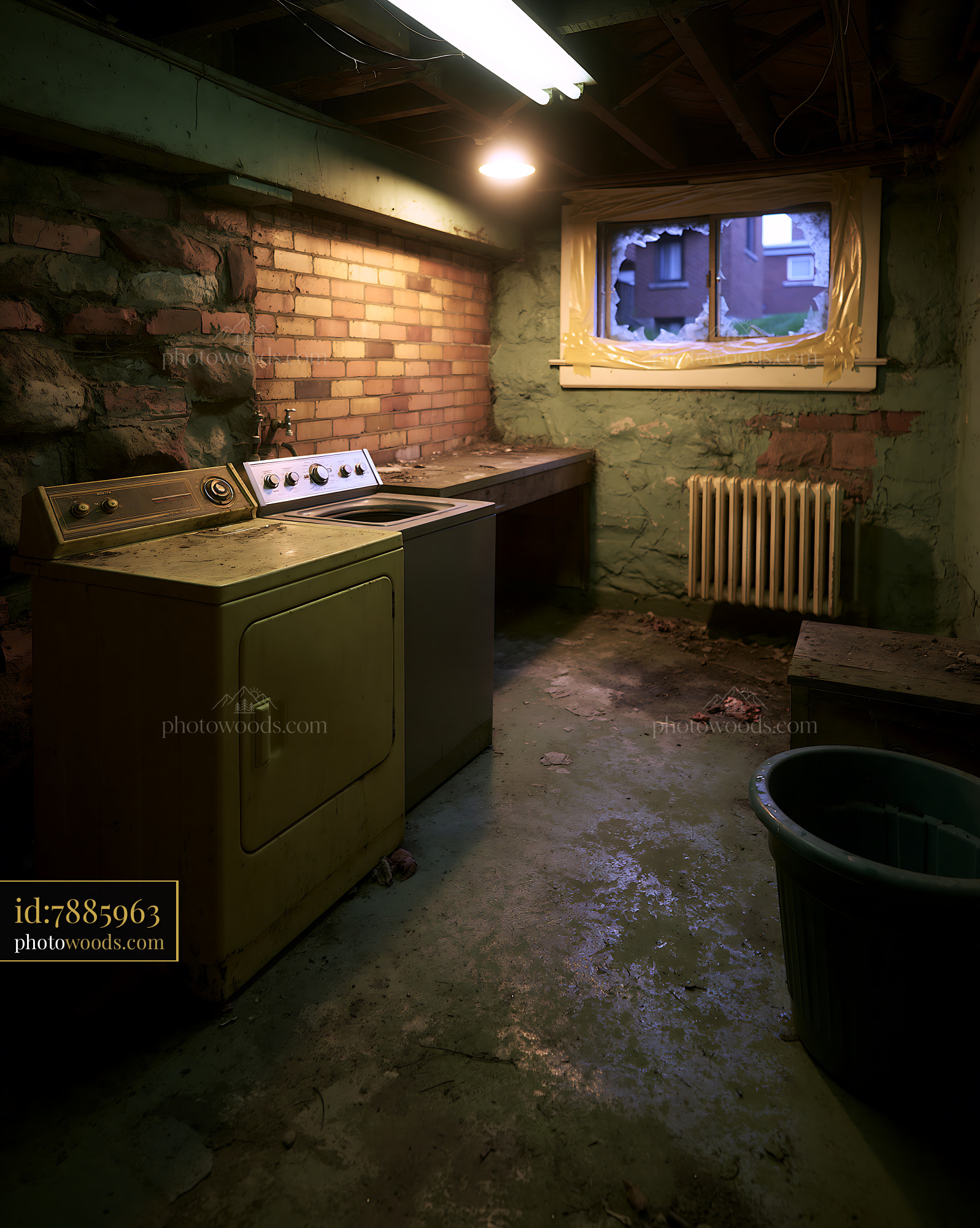 Neglected Laundry Room With Broken Appliances in a Basement