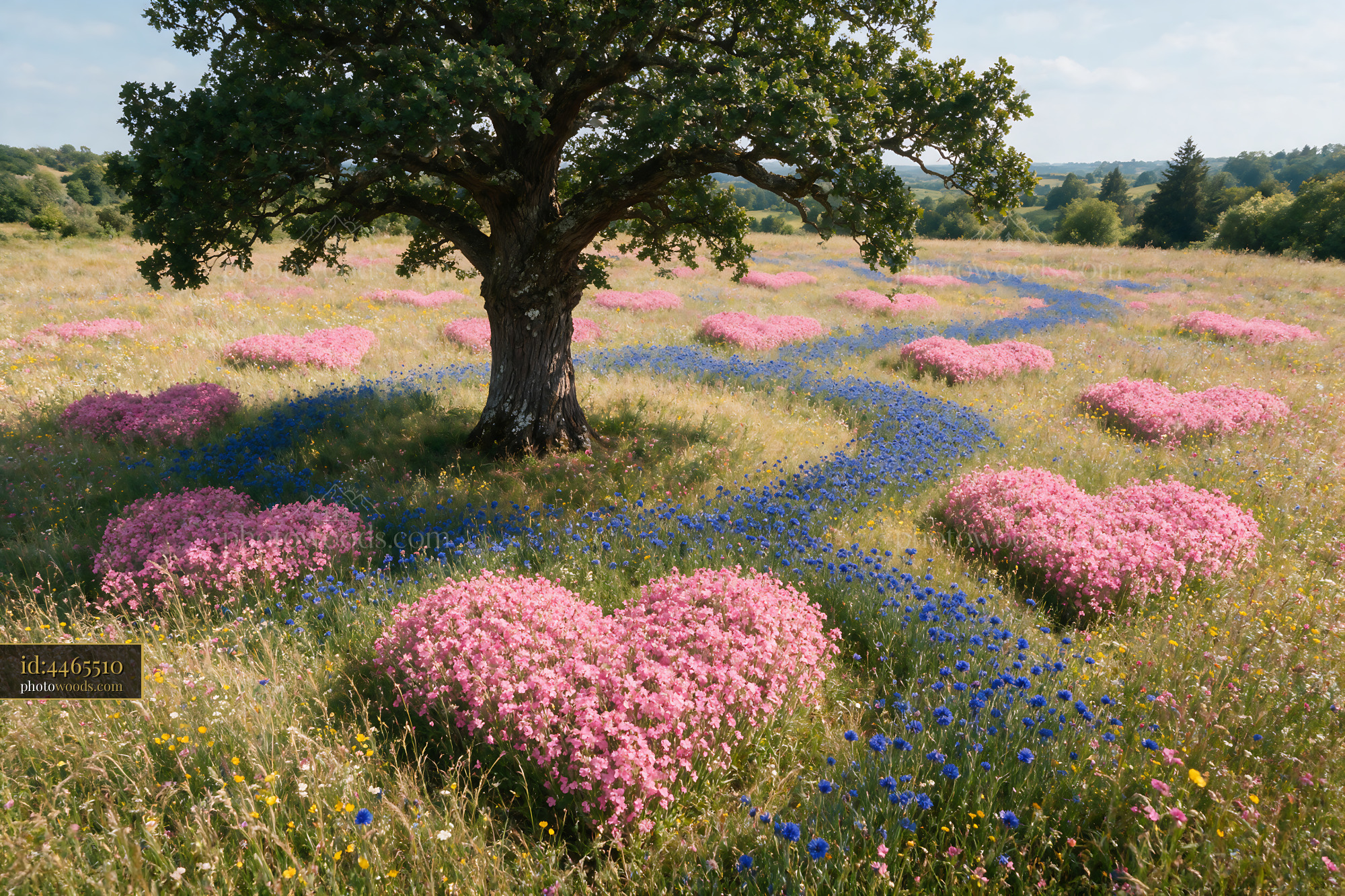 Wildflowers in Heart Shapes Under a Tree in a Meadow in Springtime