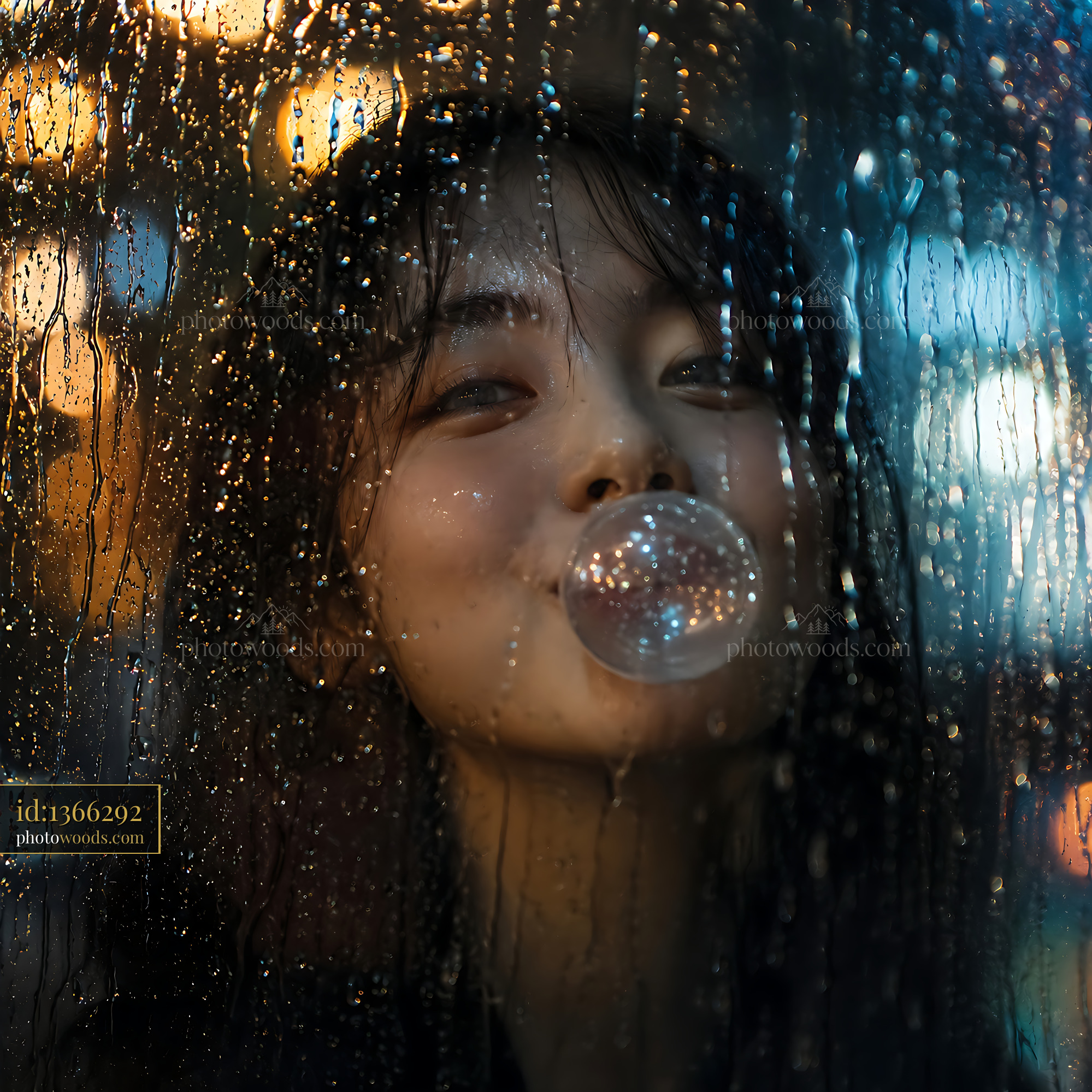 Girl Blowing Bubble Gum Behind Rain-Covered Window at Night
