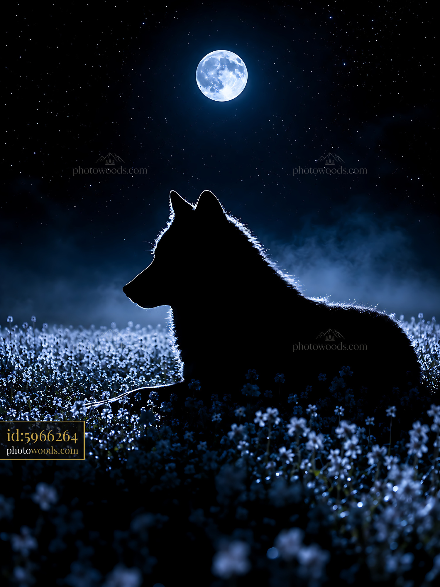 Wolf Resting in a Field Under the Full Moon at Night