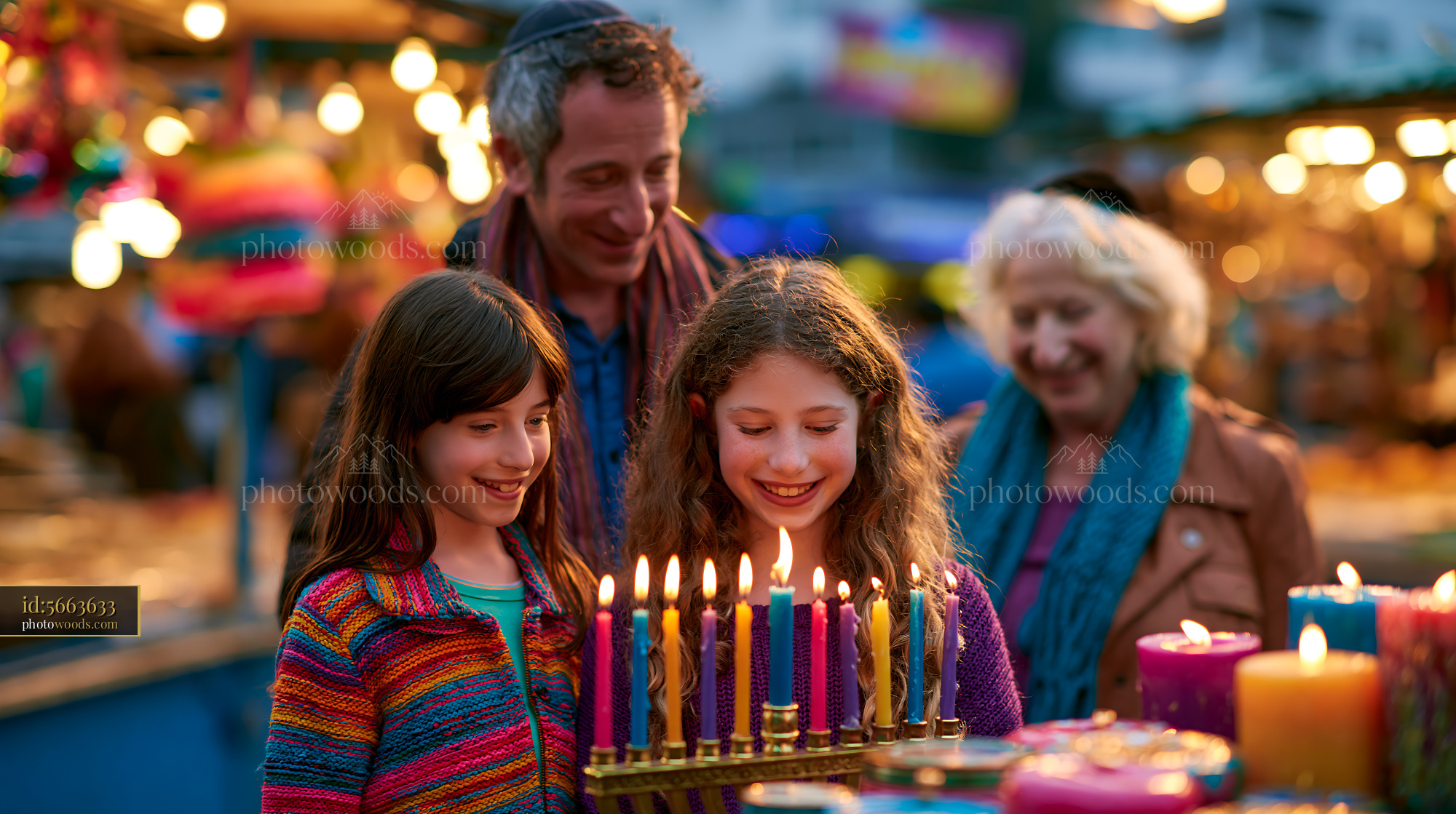 Family Lighting Menorah for Hanukkah at a Market in the Evening
