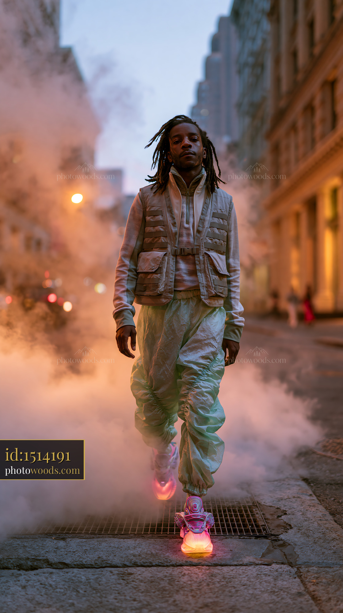 Man Walking in Urban Setting With Tactical Vest and Glowing Sneakers