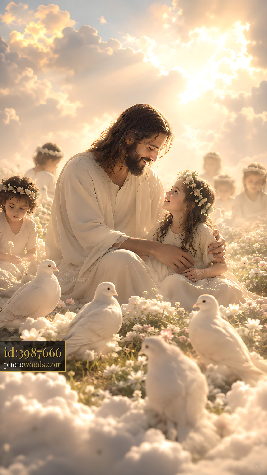 Jesus Interacting With Children in a Field of Flowers and Doves