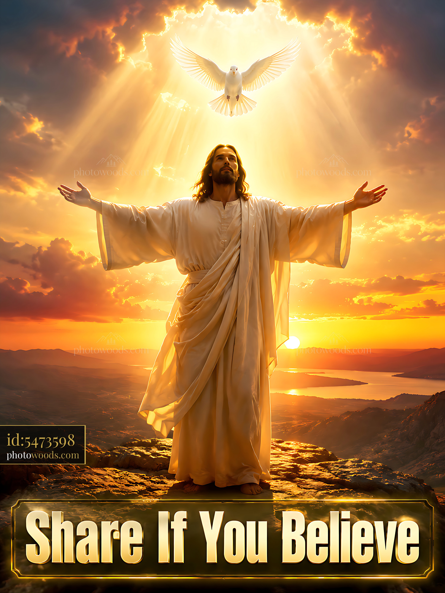 Jesus Raising Arms With Dove in Bright Sky Over Mountains