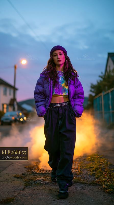 Striking Woman in Cropped Puffer Jacket Walking in Street at Dusk