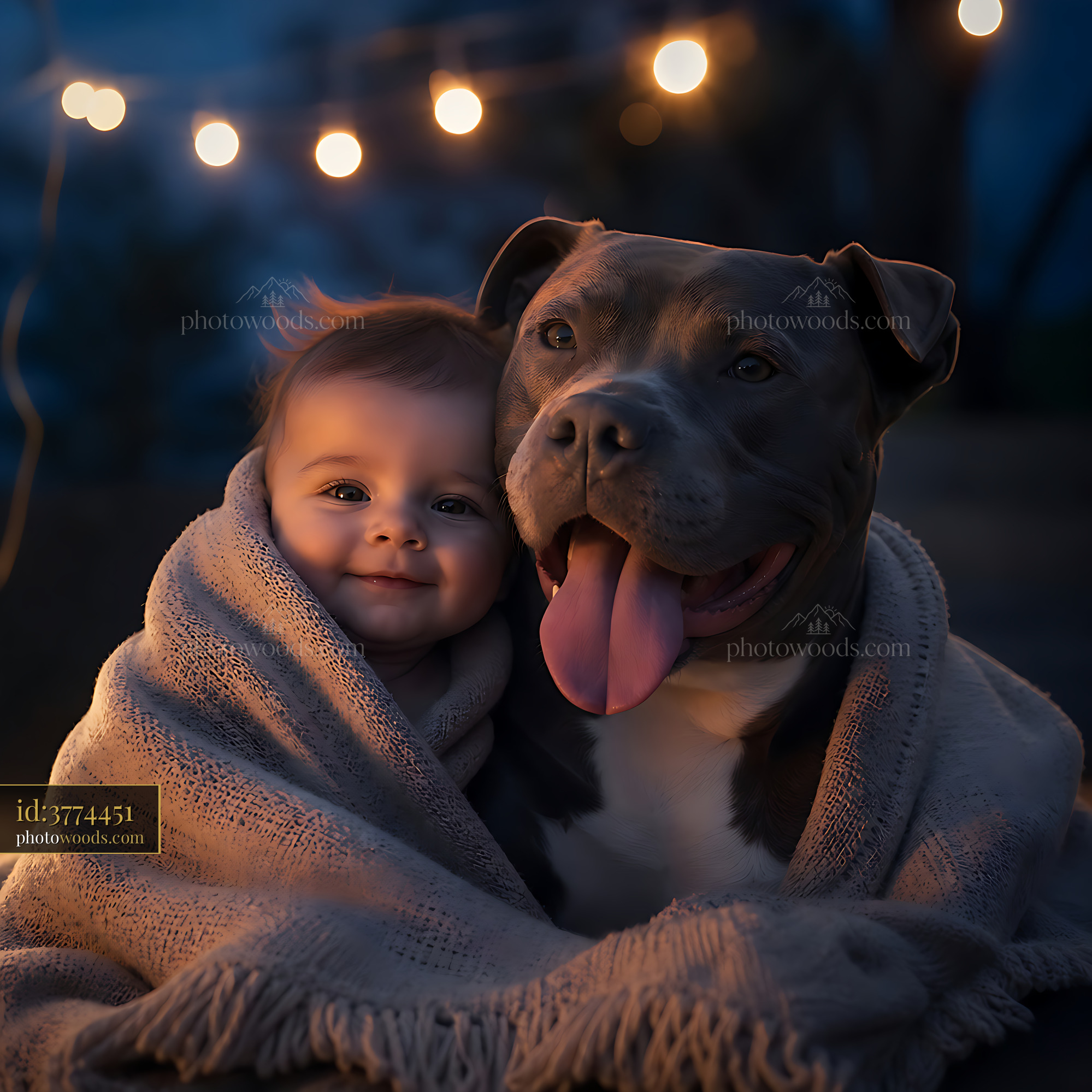 Baby and Dog Enjoying a Cozy Moment Under String Lights at Night