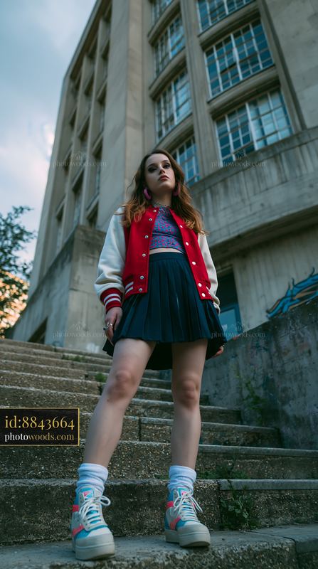 Young Woman in Varsity Jacket and Pleated Skirt on Steps