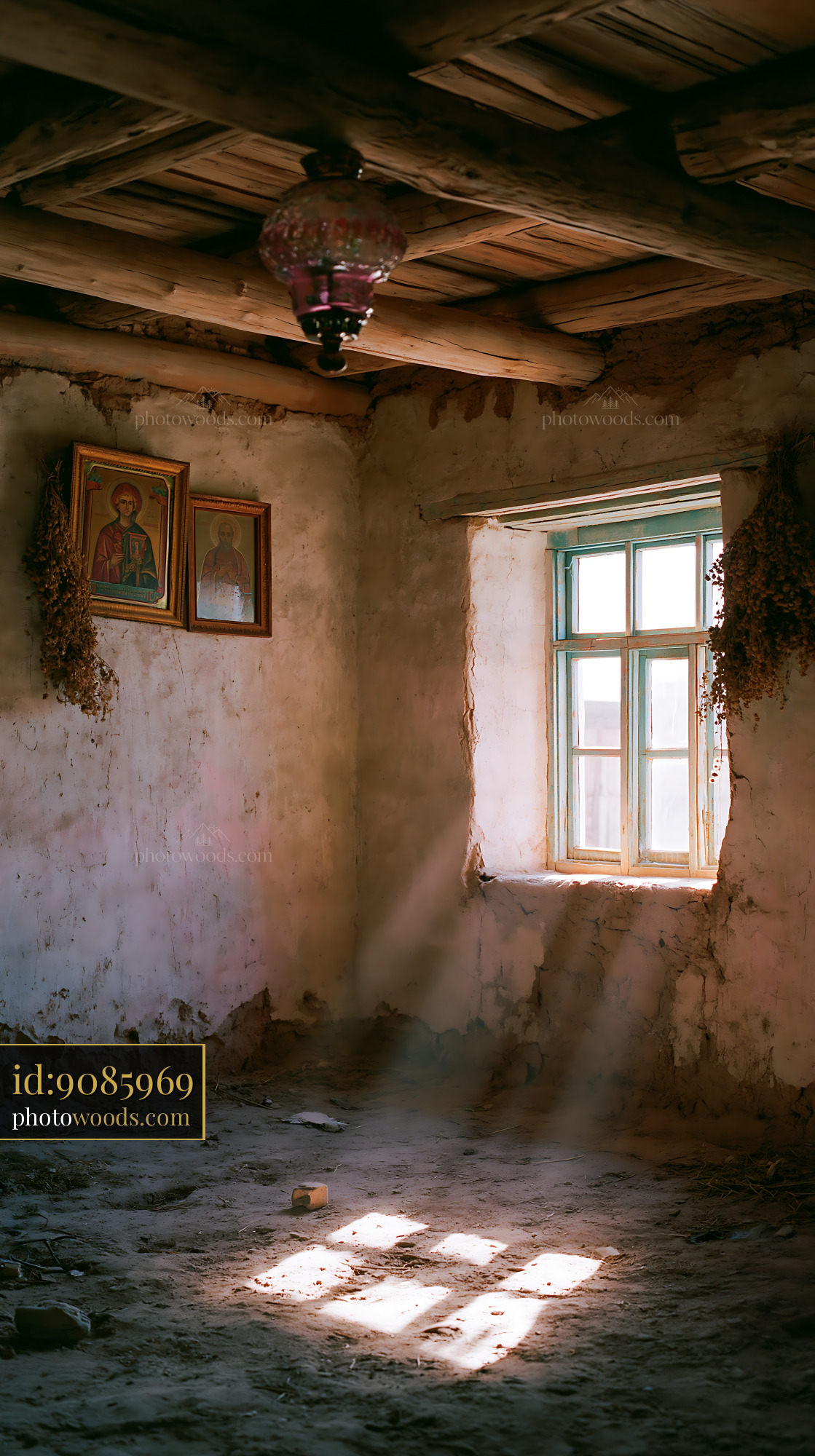 Crumbling Adobe House Interior With Sunlight Streaming In