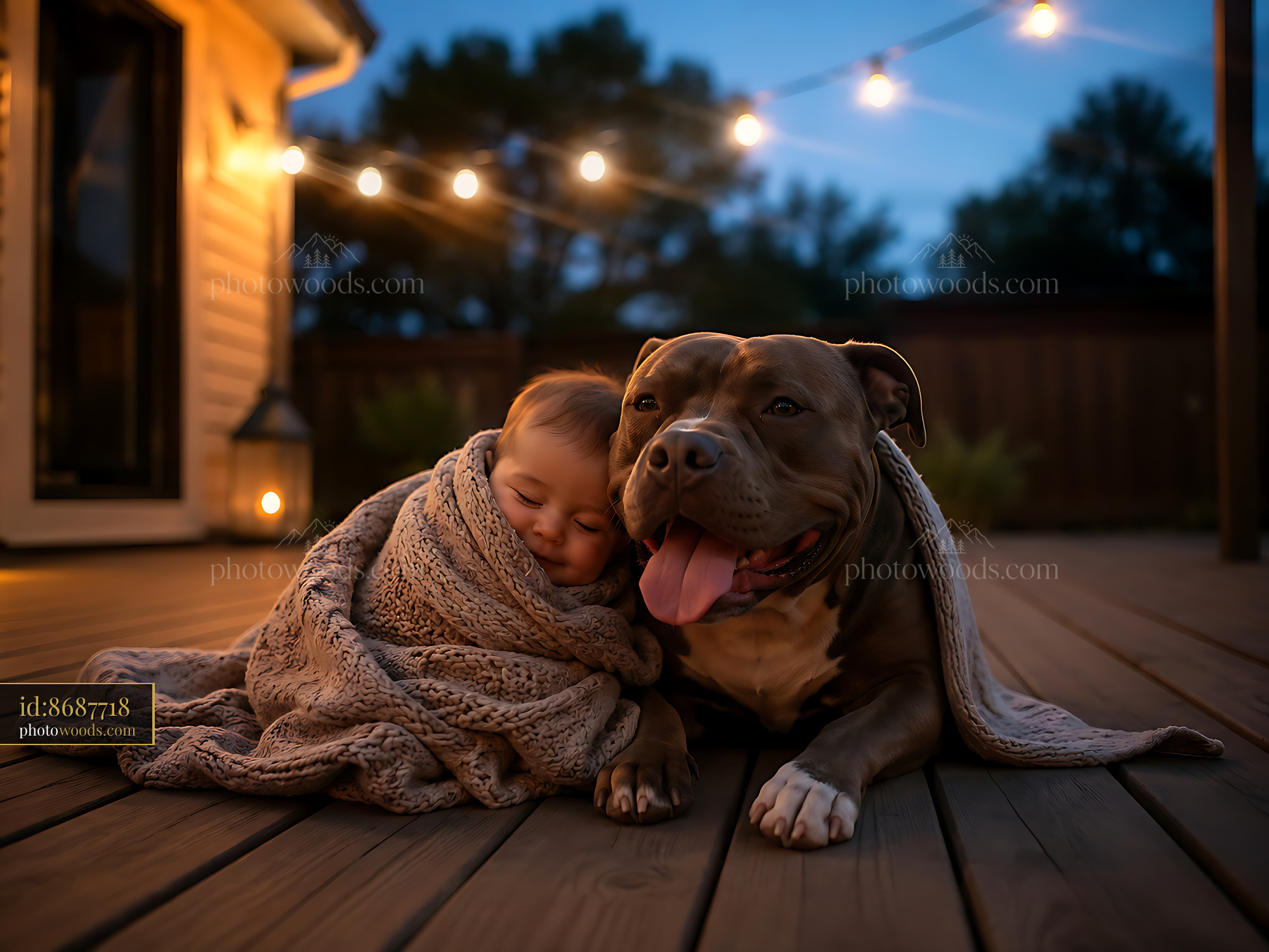 Child Cuddles With Dog on Wooden Deck During Twilight