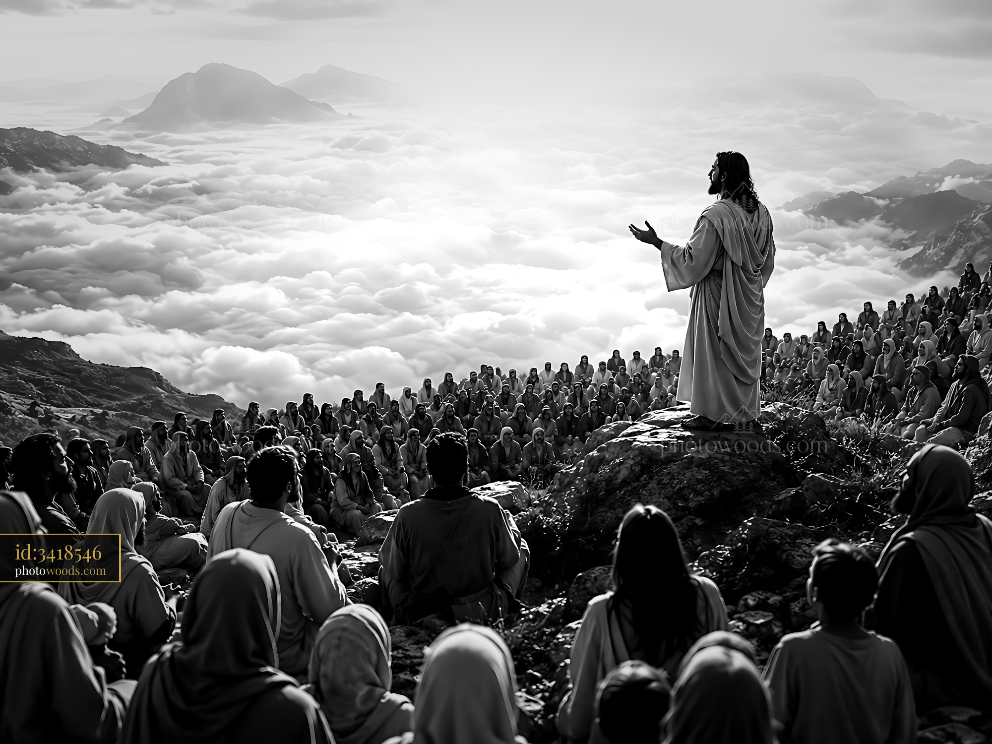 Jesus Speaks to the Crowd on a Mountain Overlooking Clouds