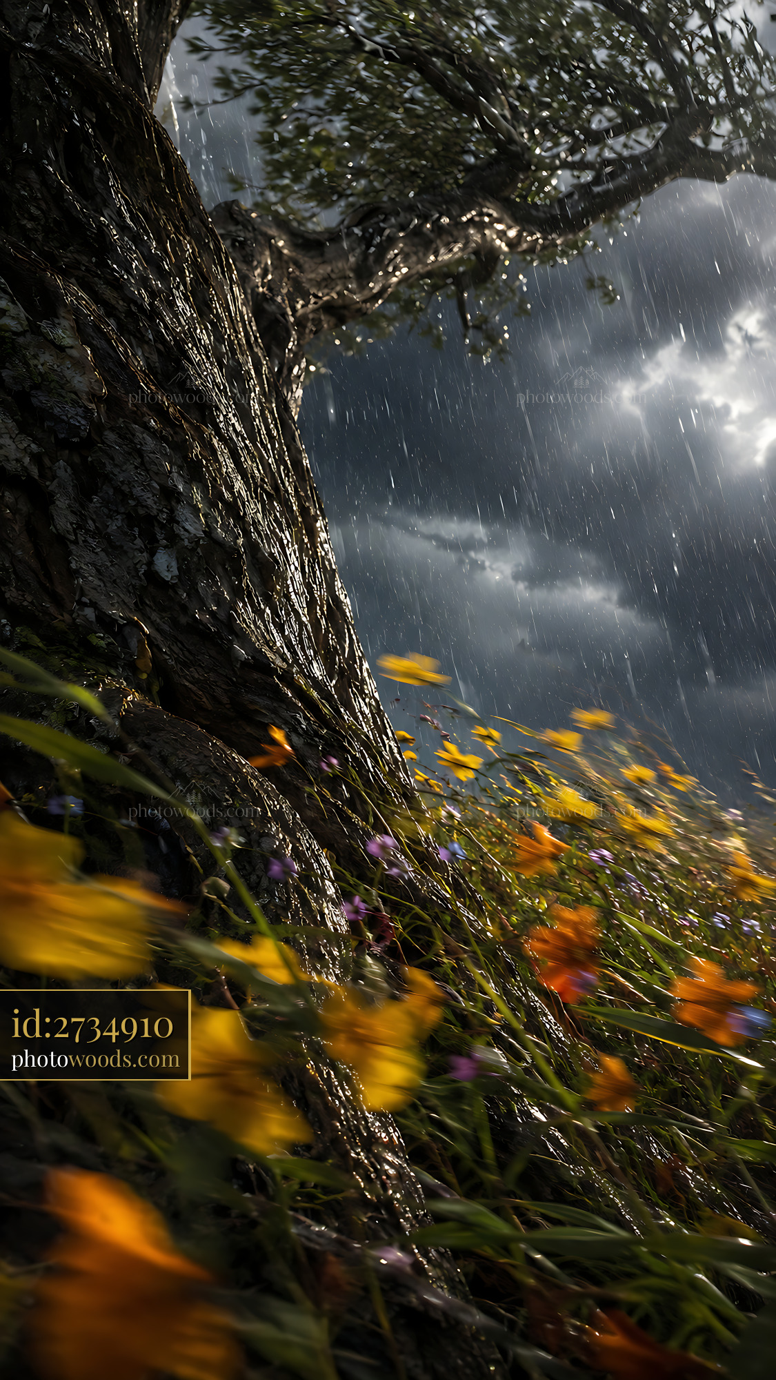 Tree Trunk Surrounded by Flowers in the Rain With Dark Clouds