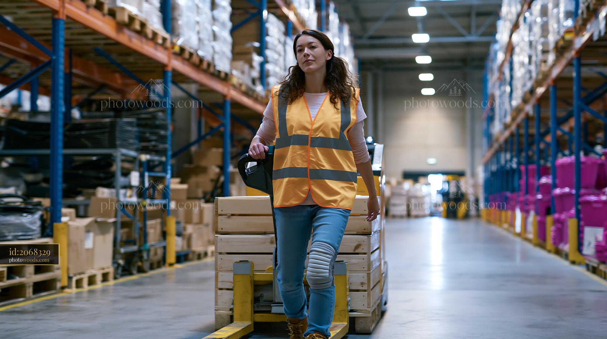 Young Female Electrician Moving Pallets in Warehouse Environment