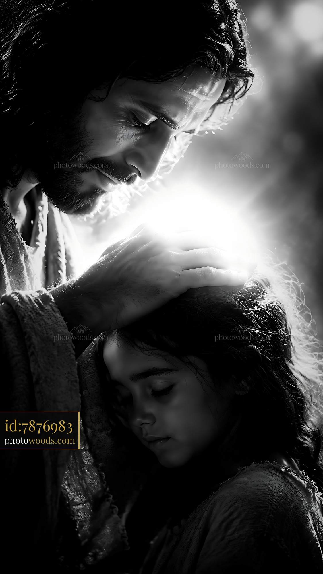 Man Kneels and Embraces Young Girl in Soft Light Setting