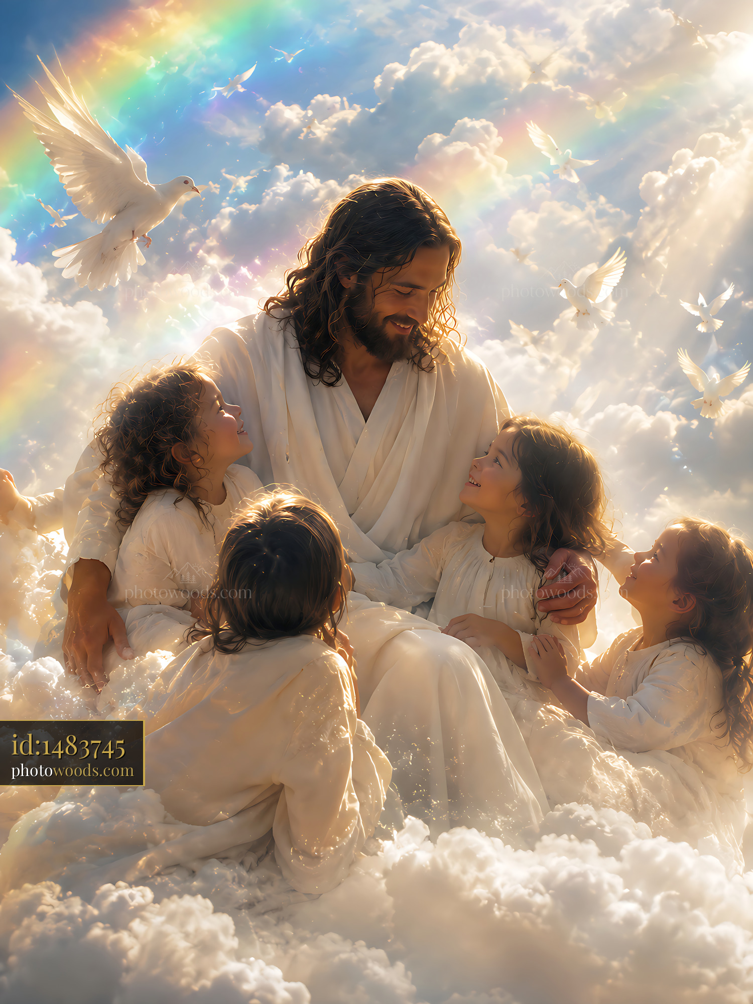 Jesus With Children in Clouds Surrounded by Doves and a Rainbow