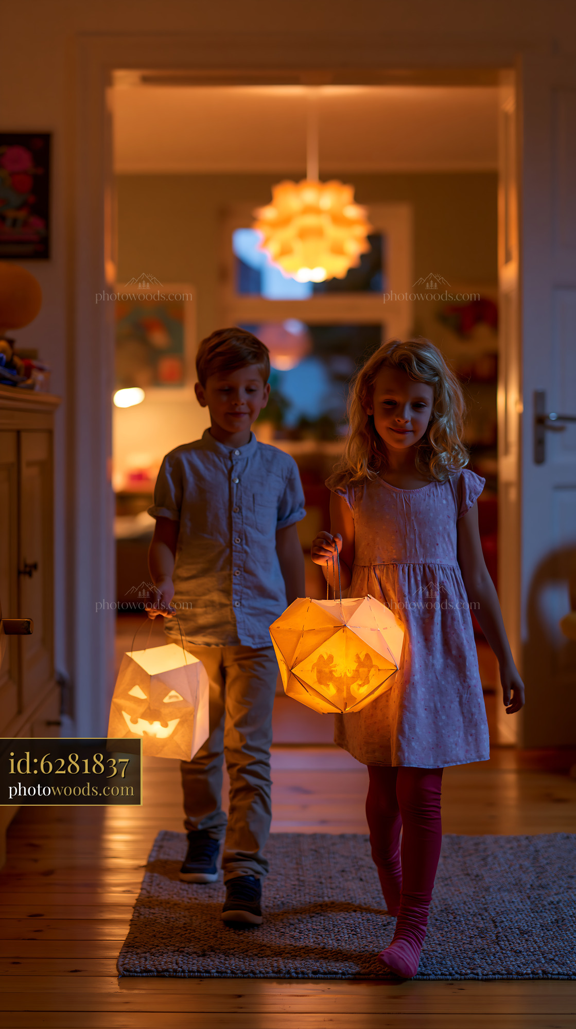 Two Children Walk Through a Cozy Room, Holding Lanterns for the St