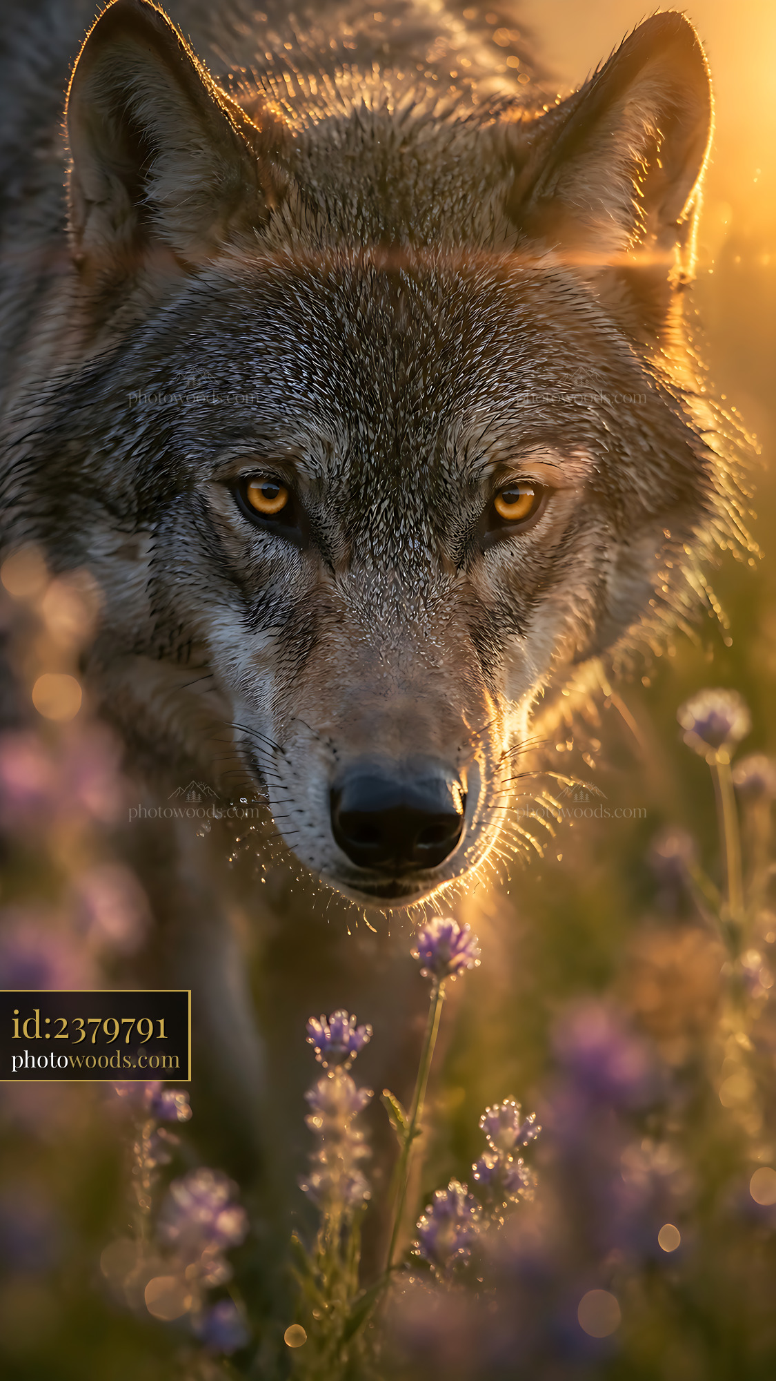 Wolf Walking Through Flowers at Sunset With Focused Expression