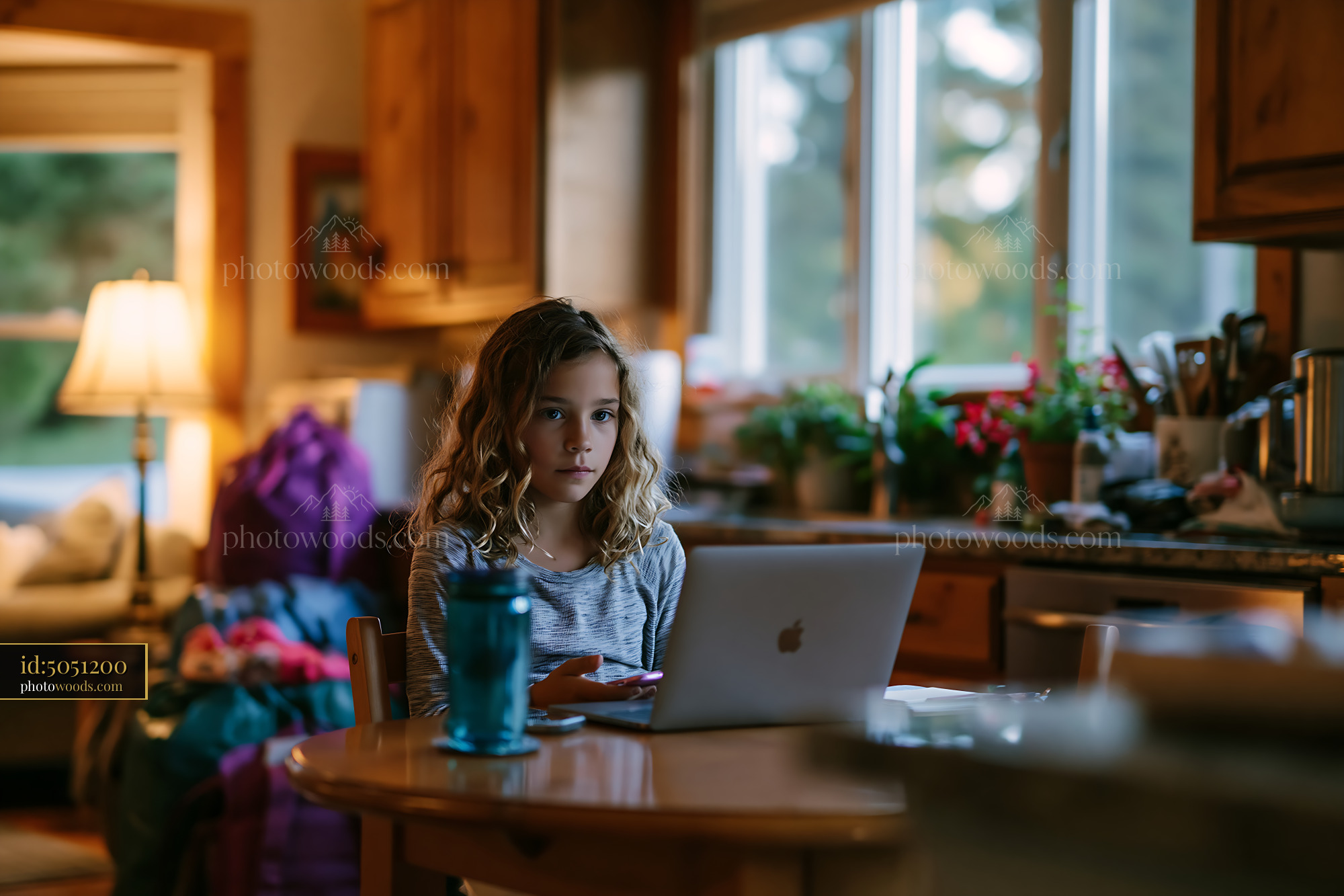 Child Using Laptop in Kitchen With Bags Nearby in Cozy Setting