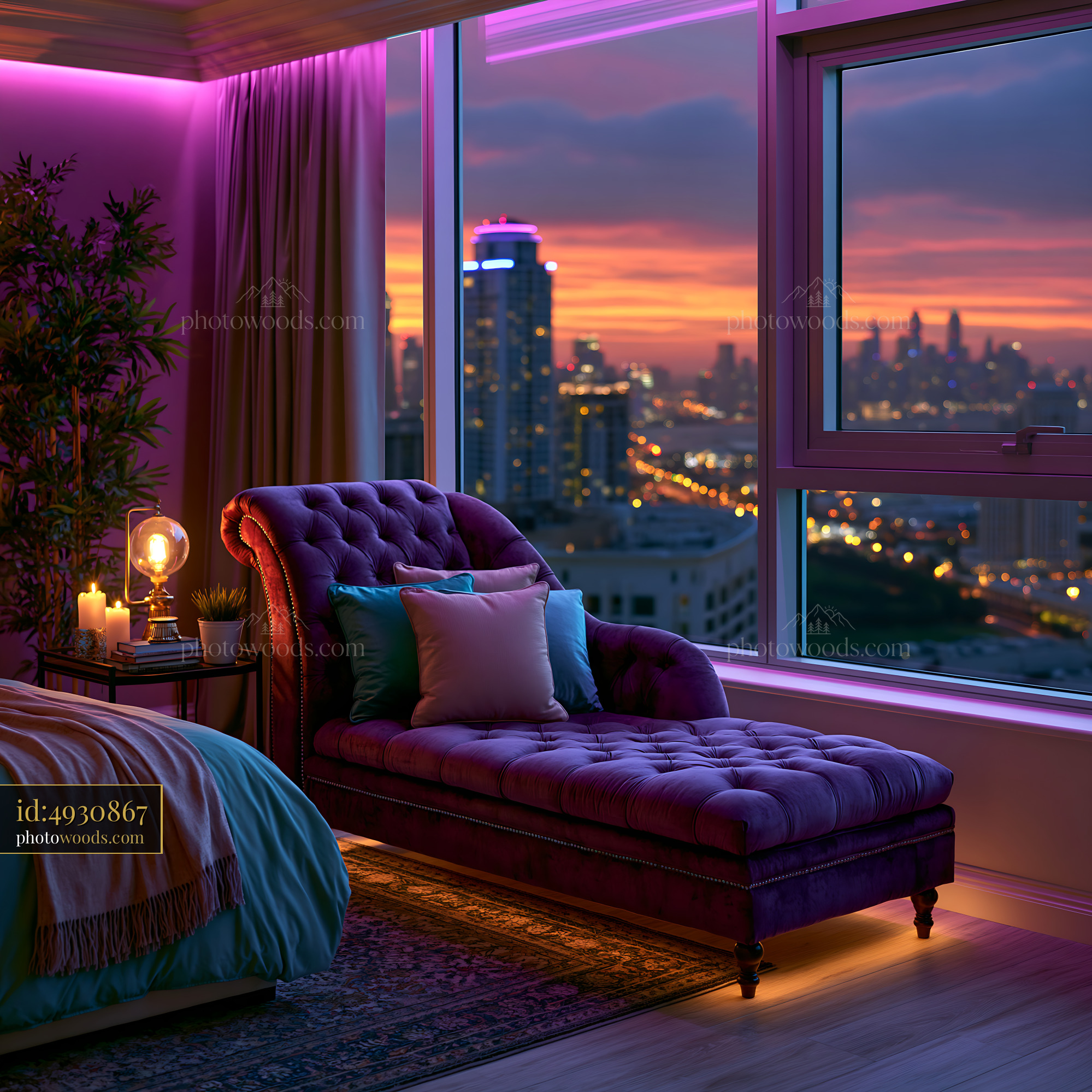 Penthouse Bedroom With Skyline View at Sunset in City