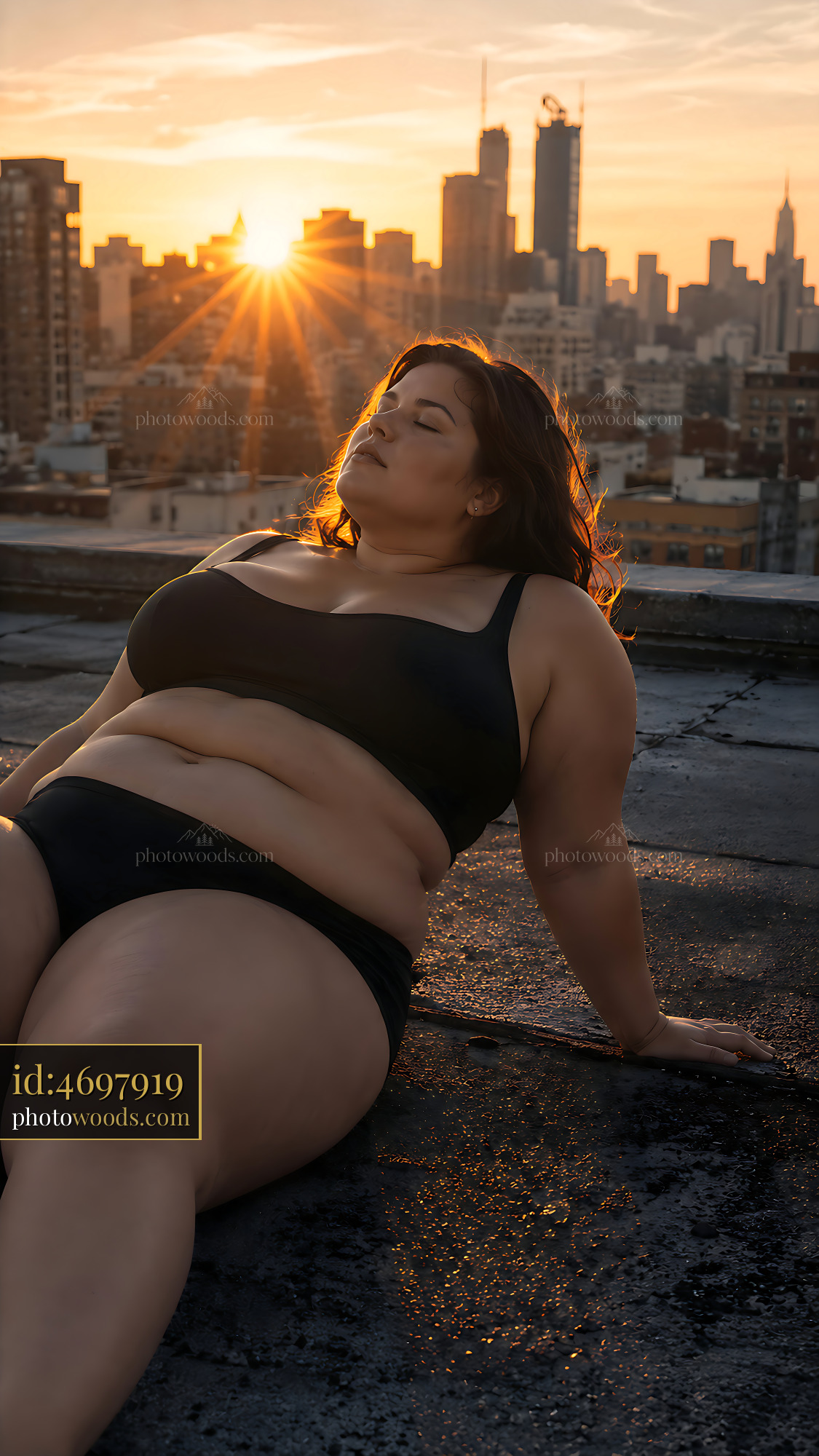 Woman Lounging on Rooftop During Sunset With City Skyline View