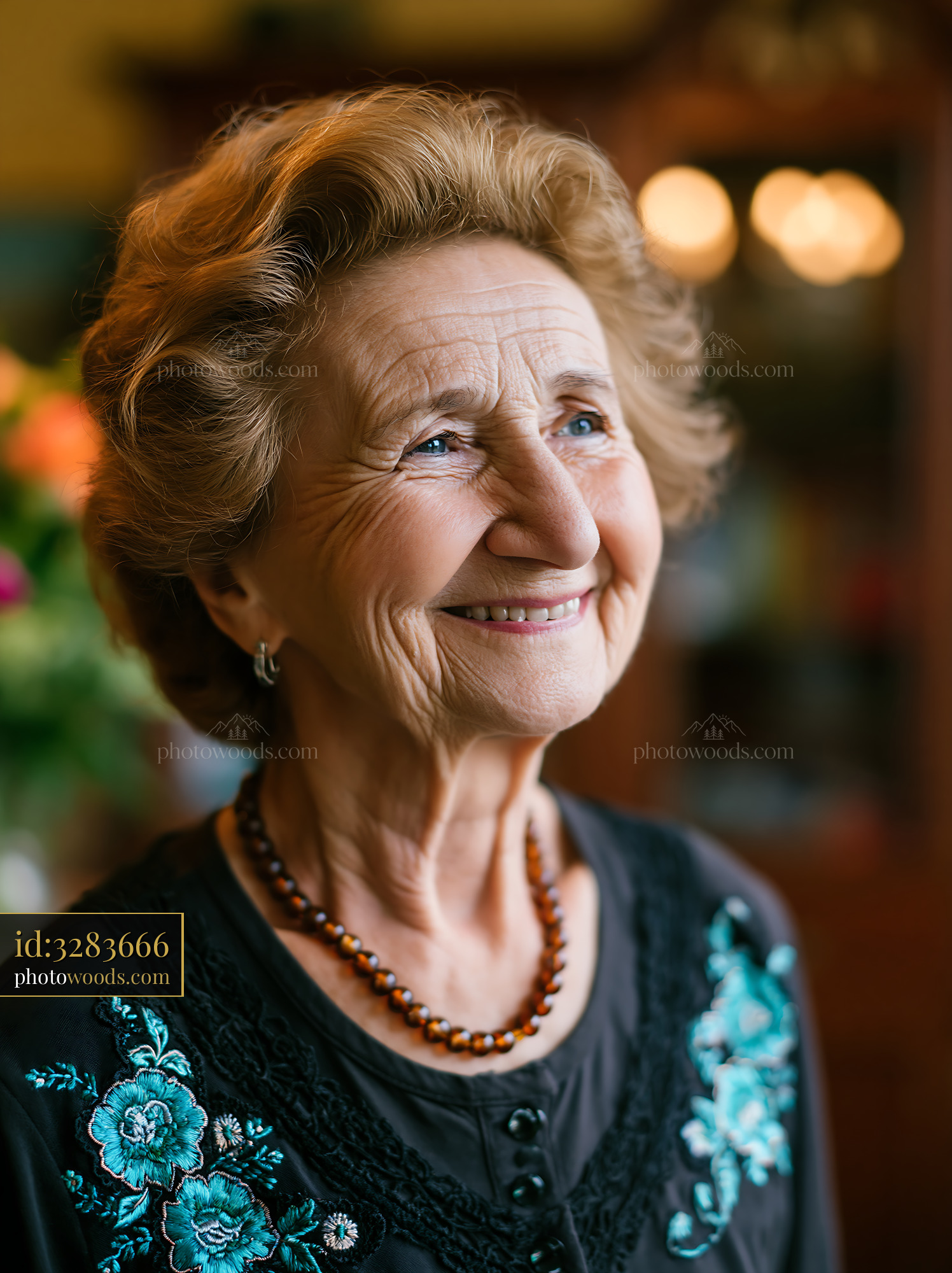 Elderly Woman Smiling During the Day With Colorful Decor Behind