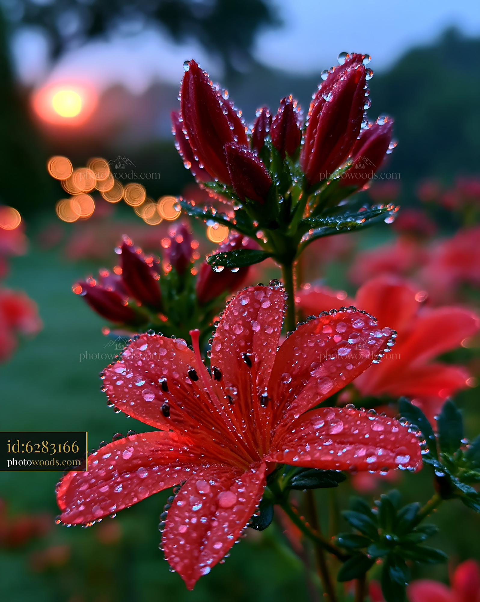 Red Flowers Covered in Water Droplets Glow in Sunset Light