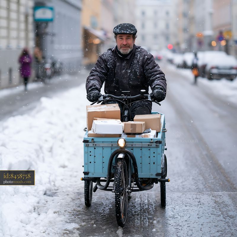 Cargo Bike Courier Delivering Packages in Snowy City Street
