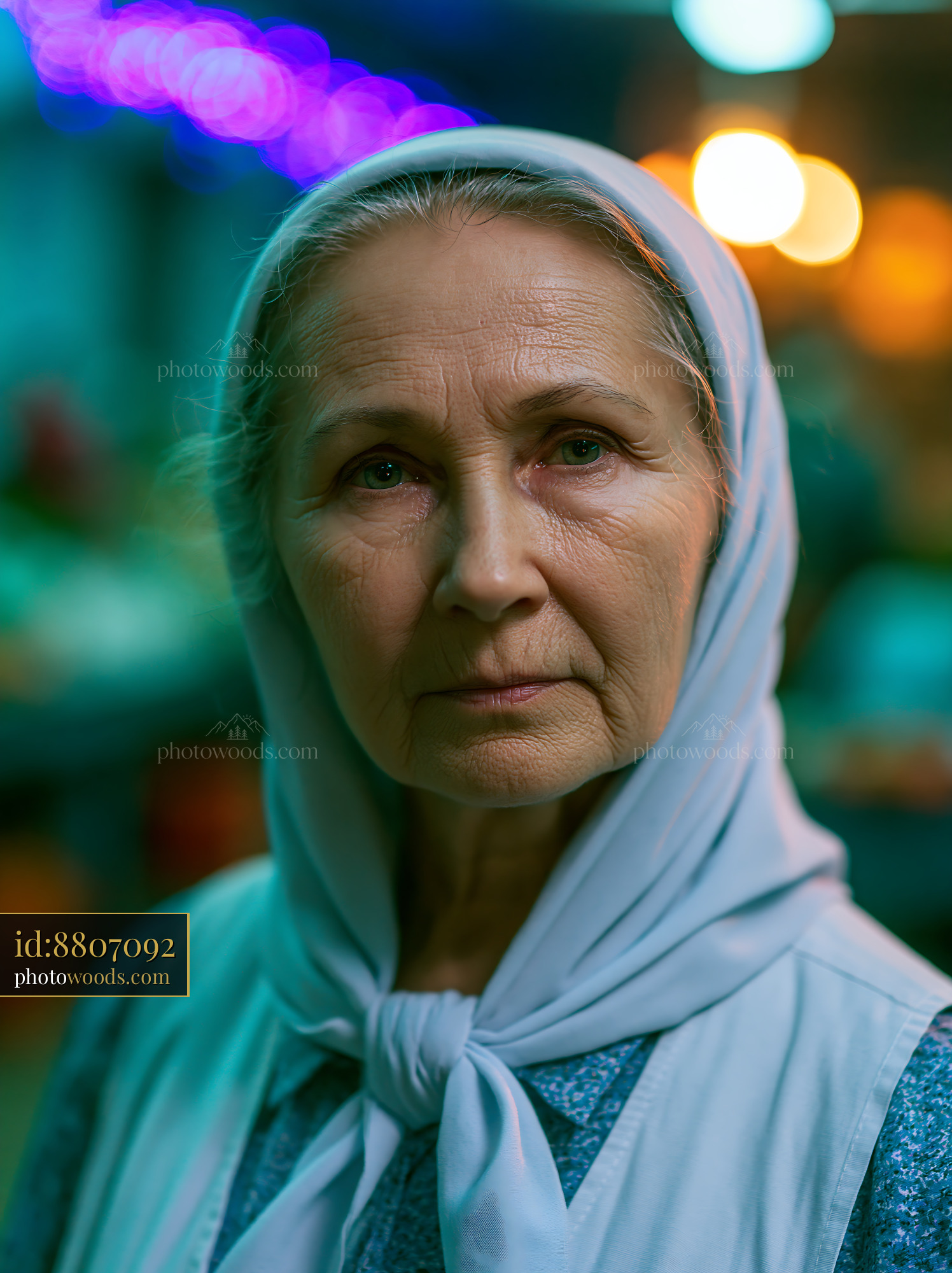Elderly Woman Wearing a Headscarf Looks Directly at the Camera